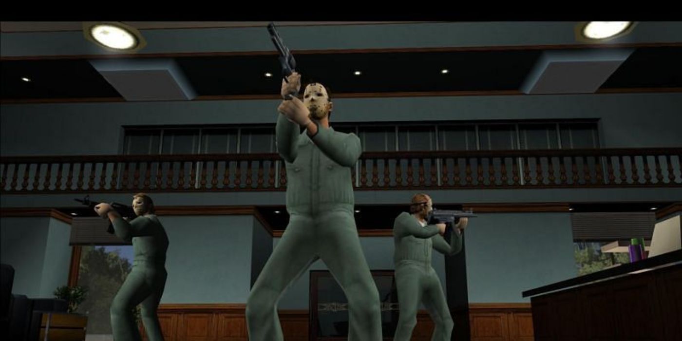 Tommy (middle) holds up the bank in his Bank Job outfit along with others