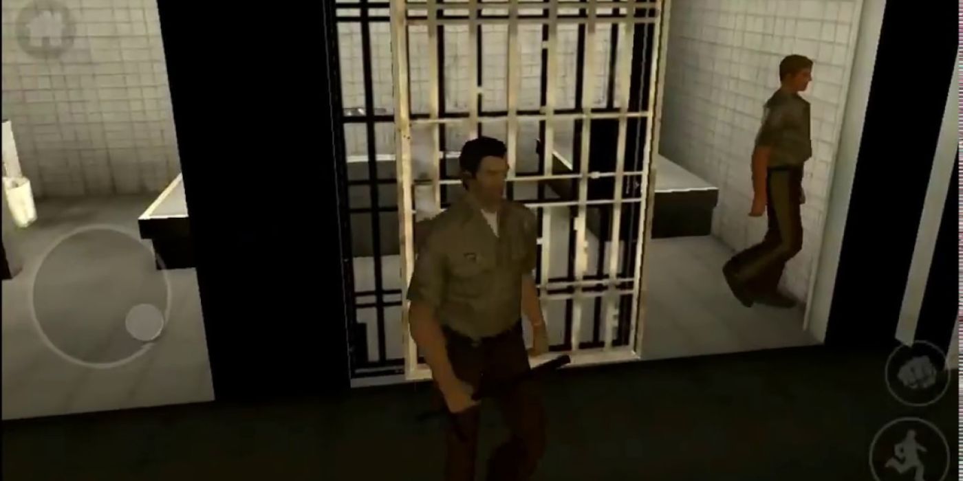 Tommy walks around the Washington Beach police station's cells in his cop outfit