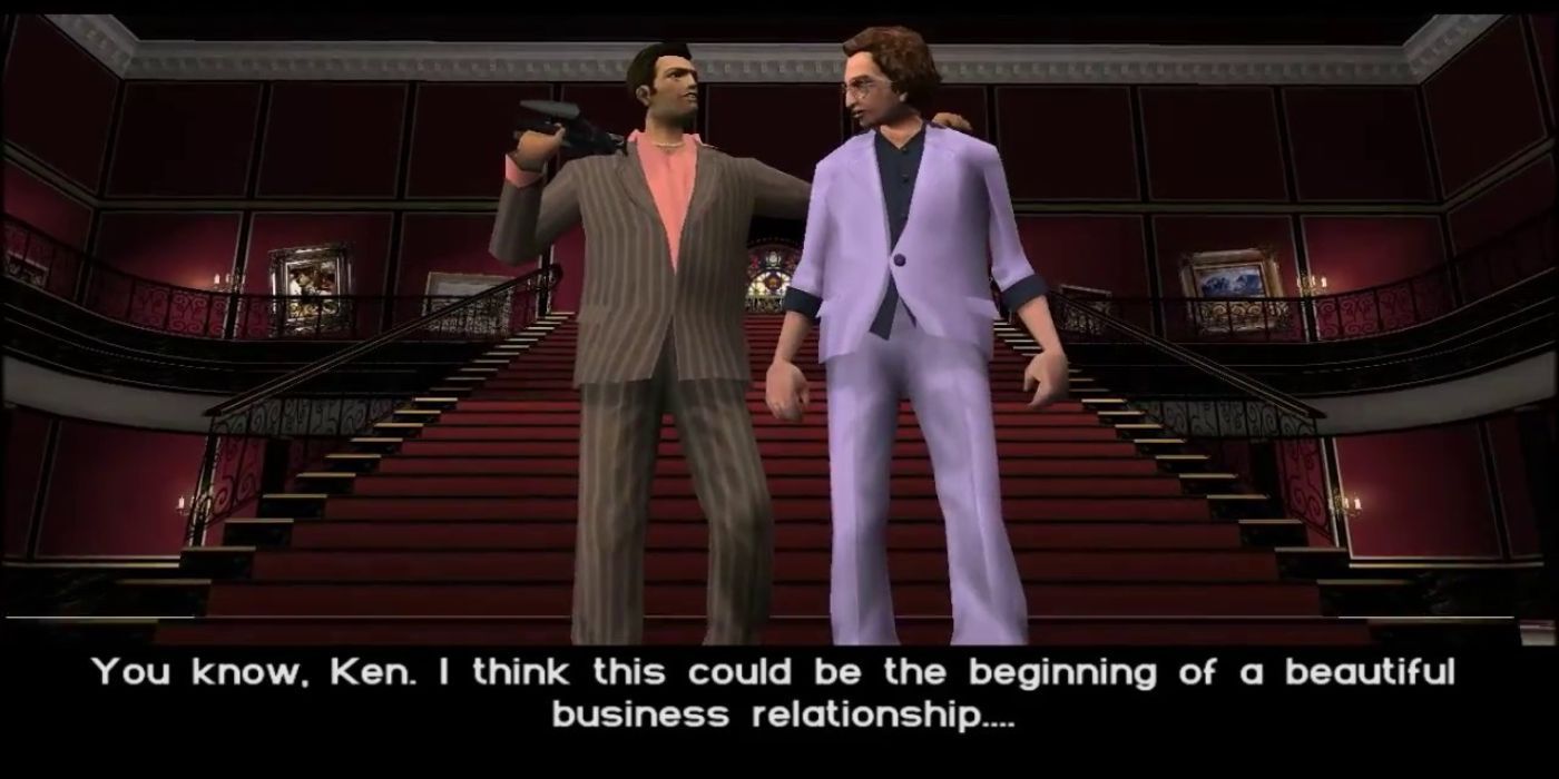 Tommy (left) puts his arm around Ken's shoulder after dealing with their enemies and starting a "beautiful business relationship".