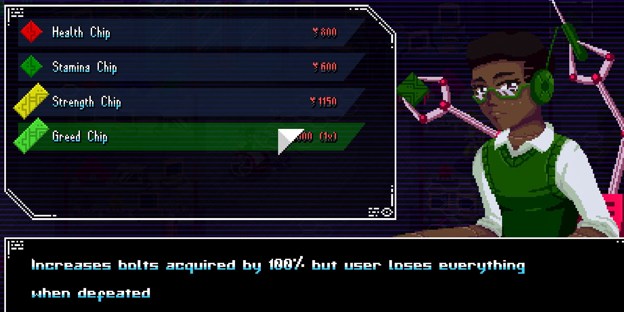 Unsighted store screen showing health, stamina, strength and greed chip