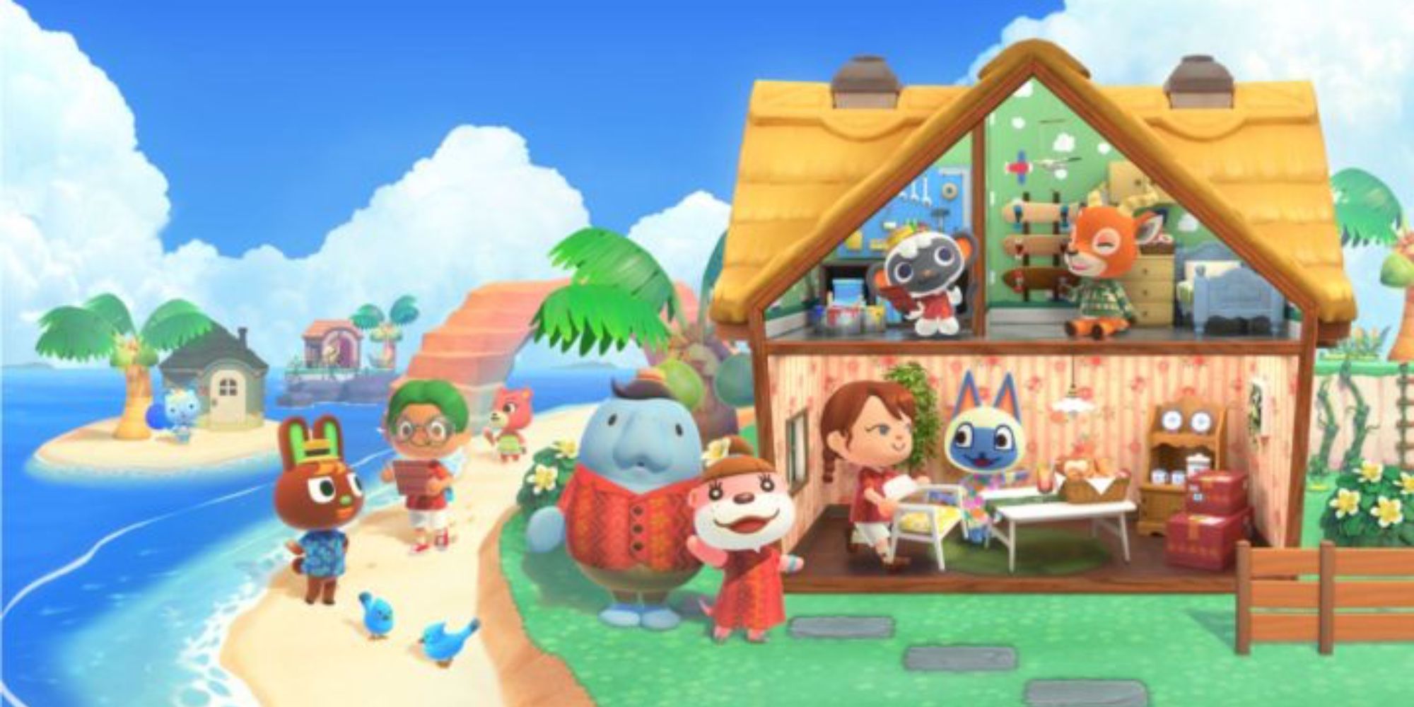 Happy Home Paradise promo art showing the island and home interior