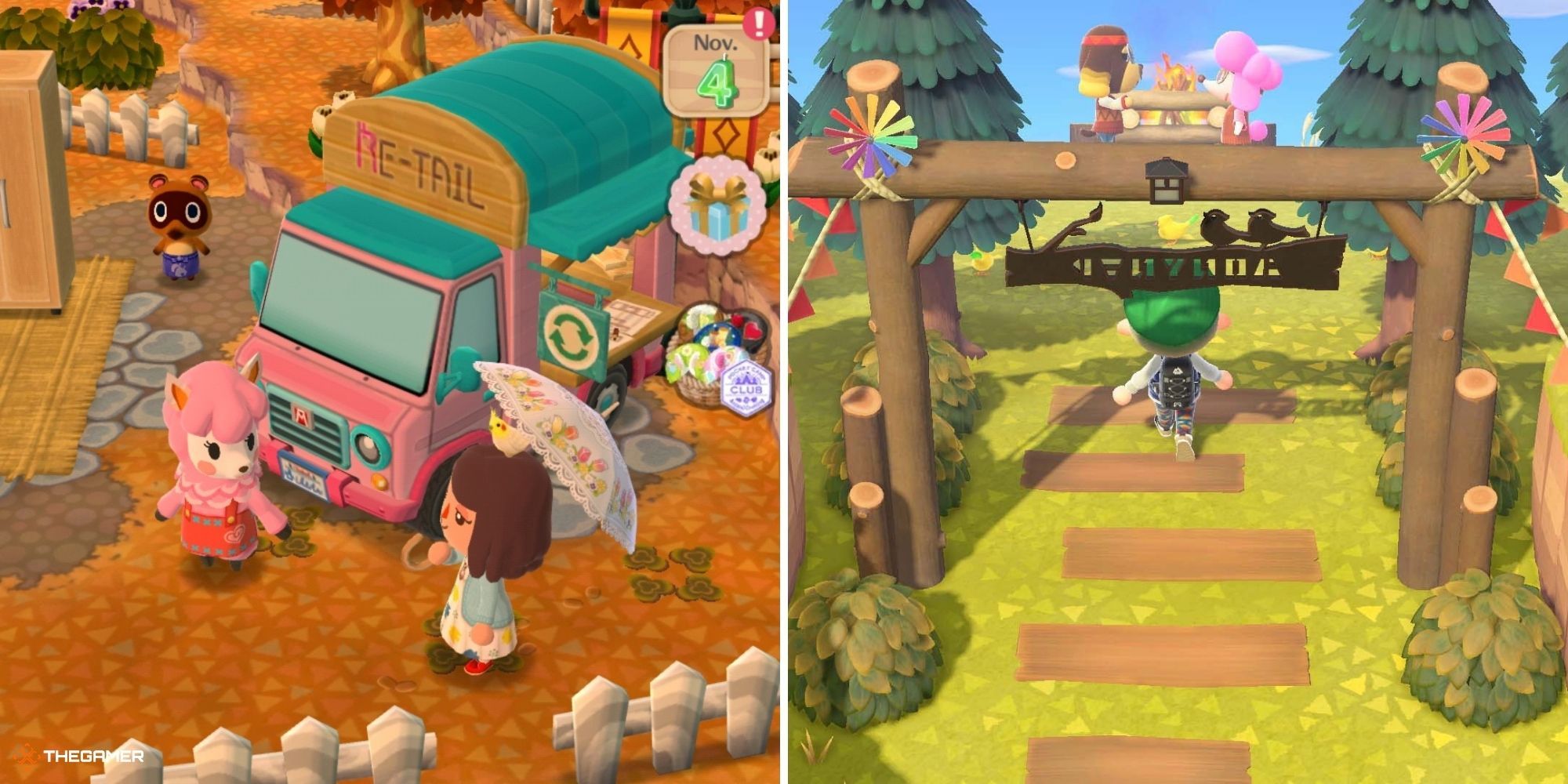 Harv's Island in Animal Crossing New Horizons on right, the Market Place in Animal Crossing Pocket Camp on left