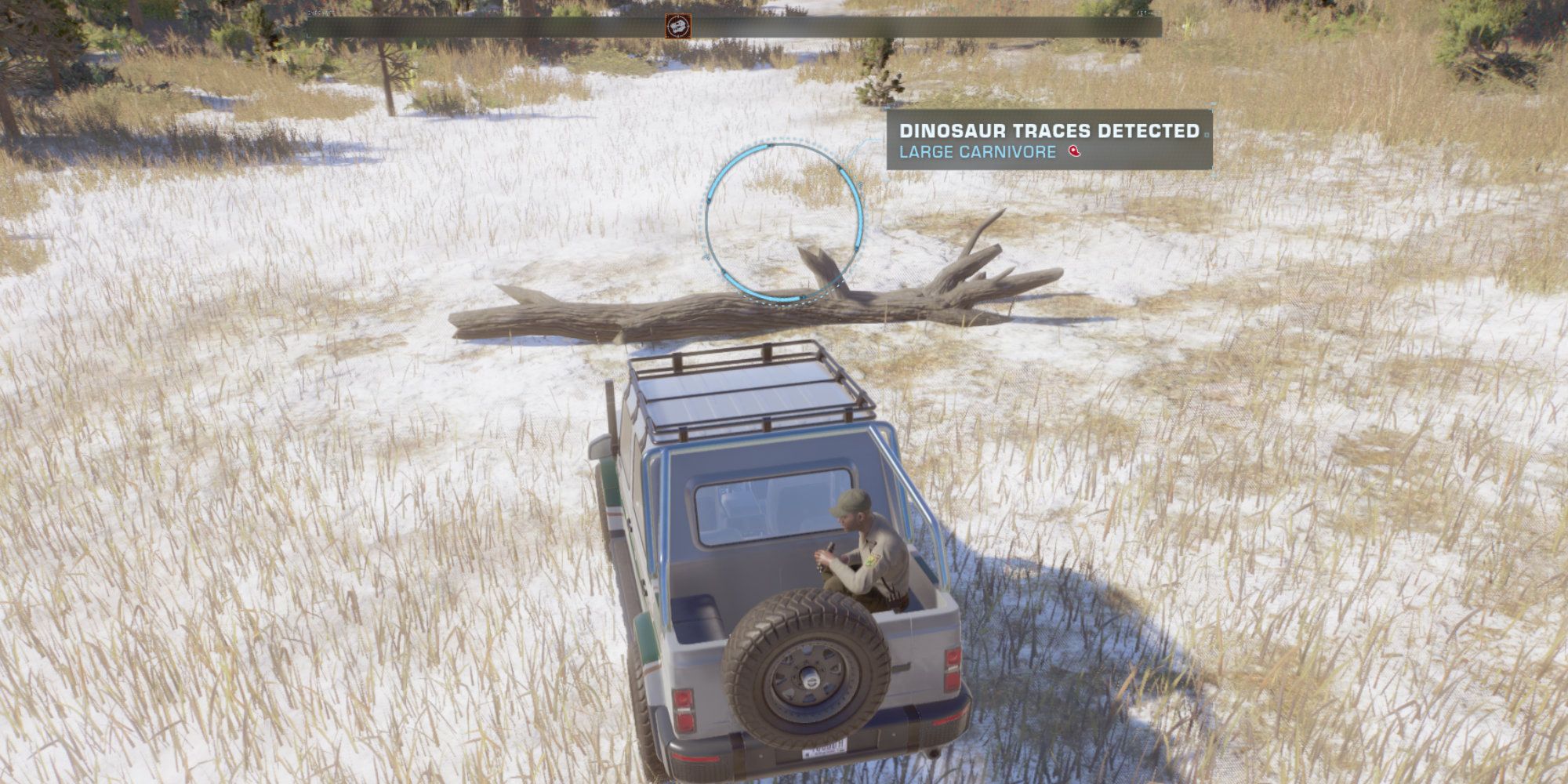 JWE2 clue 3 allosaurus a tree trunk in road by snow