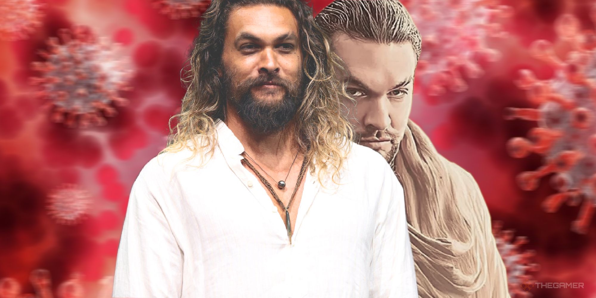 Jason Mamoa with covid cells in the background