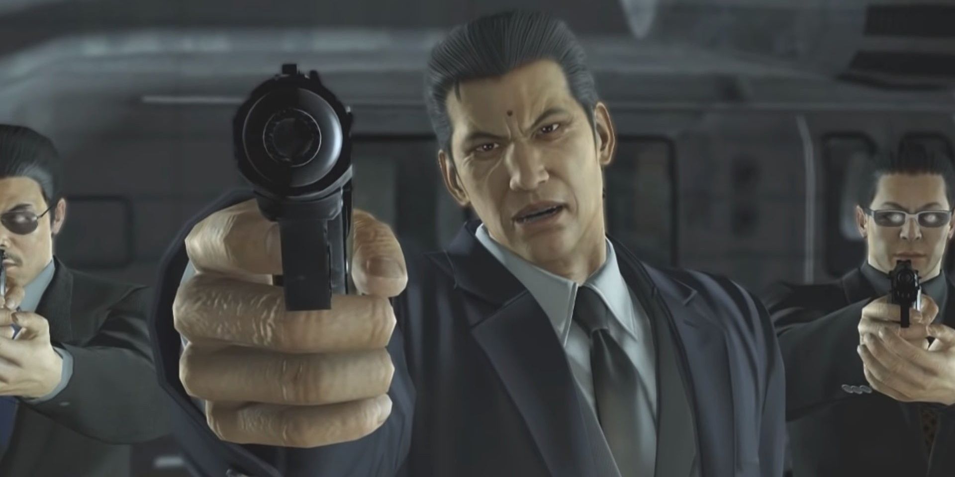 Jingu wielding a gun in Yakuza Kiwami