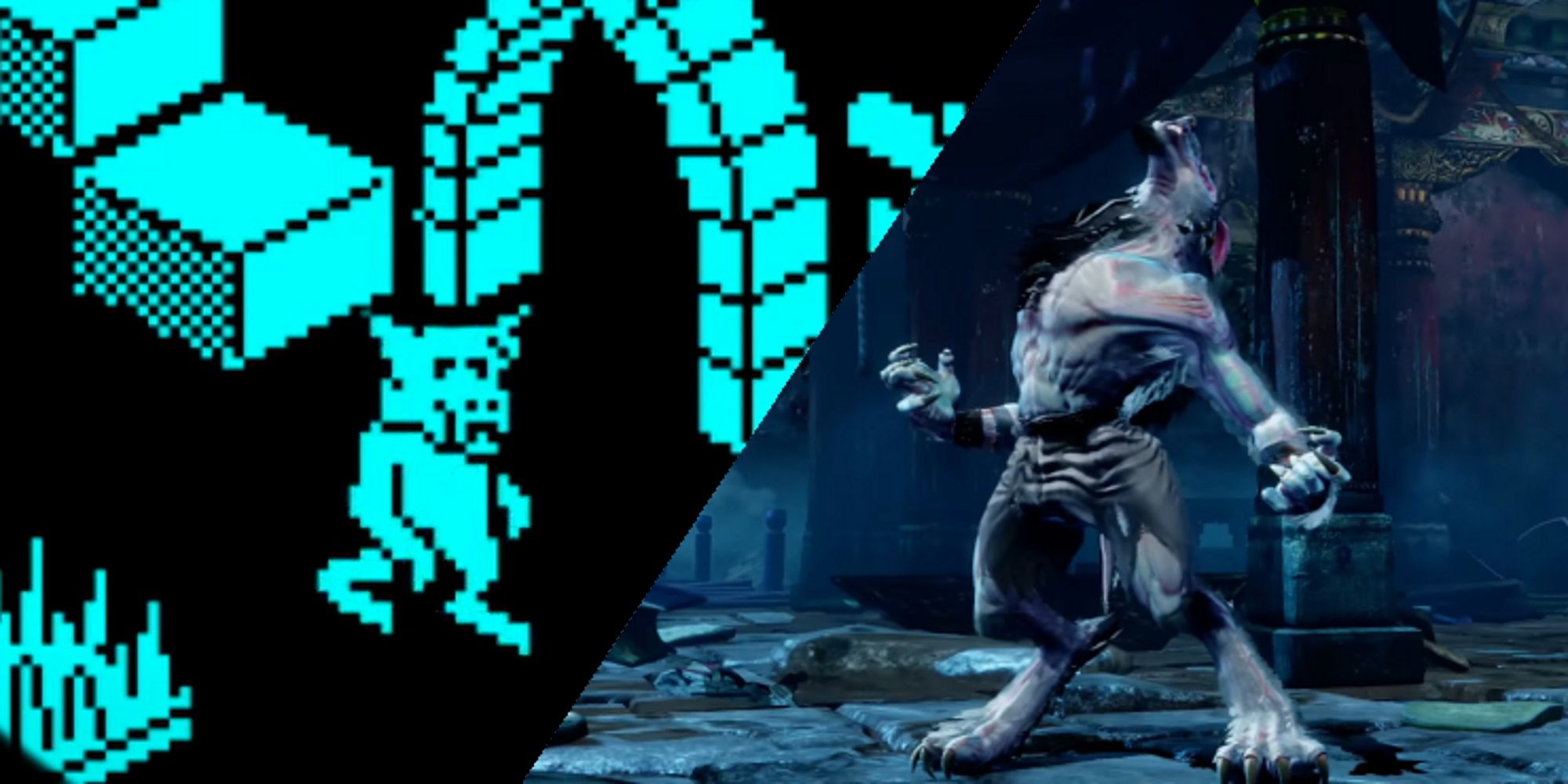 Split image of Knight Lore's Saberman accompanied by a howling Saberwulf from Killer Instinct