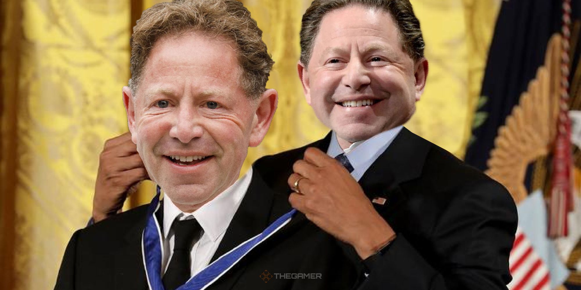 obama giving obama a medal meme but it's bobby kotick and bobby kotick