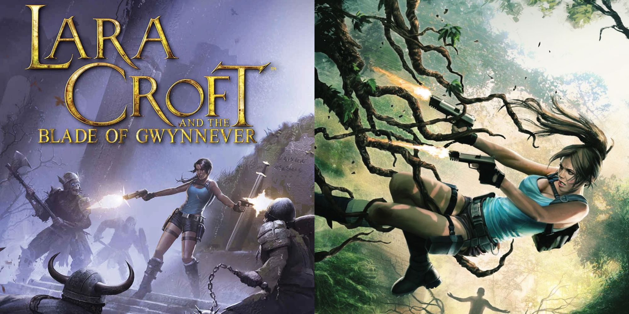 A collage of the cover art for Lara Croft and the Blade of Gwynnever by Dan Abnett and Nik Vincent with a promotional image of Lara firing her pistols
