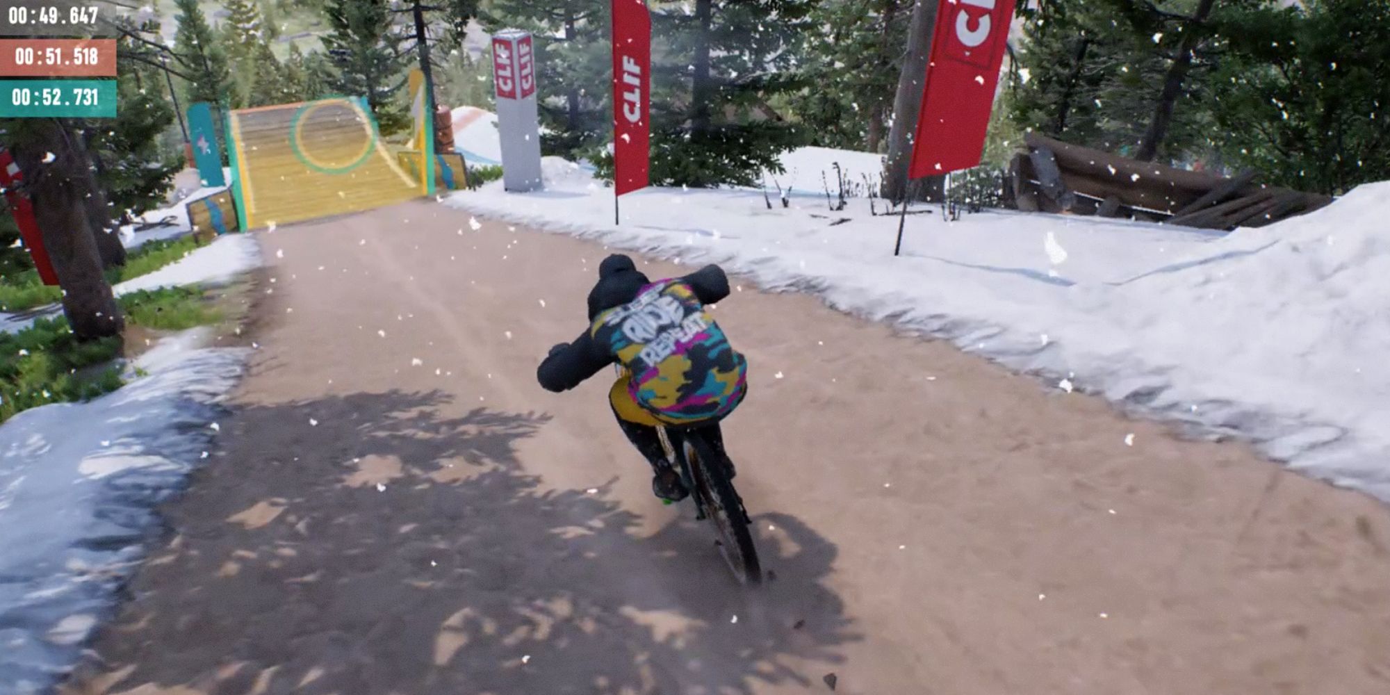 Riders Republic. Rider on bike heading towards a ramp with a checkpoint on it.