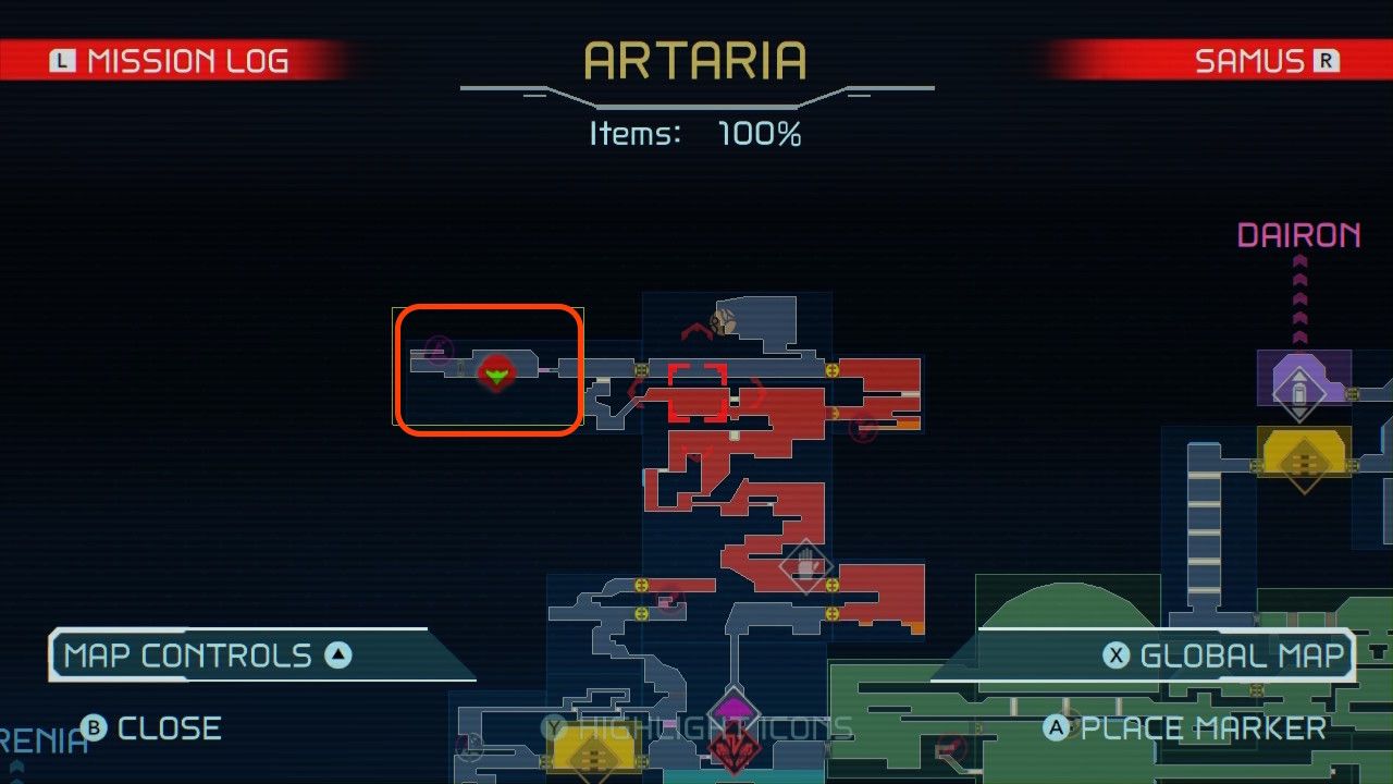 Map of a hidden area in Artaria in Metroid Dread