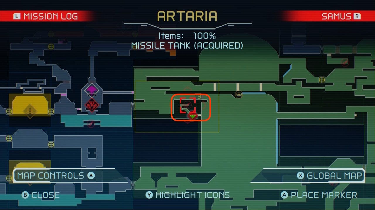 Map of a hidden area in Artaria in Metroid Dread