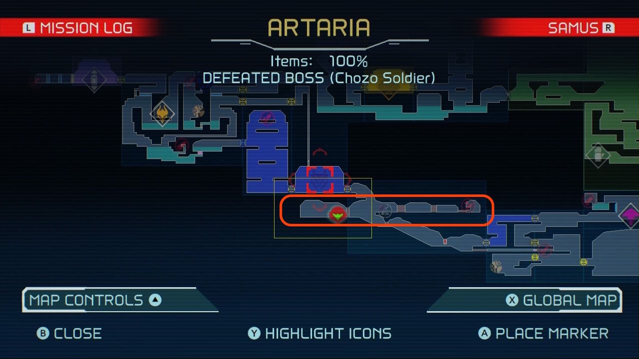 Map of a hidden area in Artaria in Metroid Dread