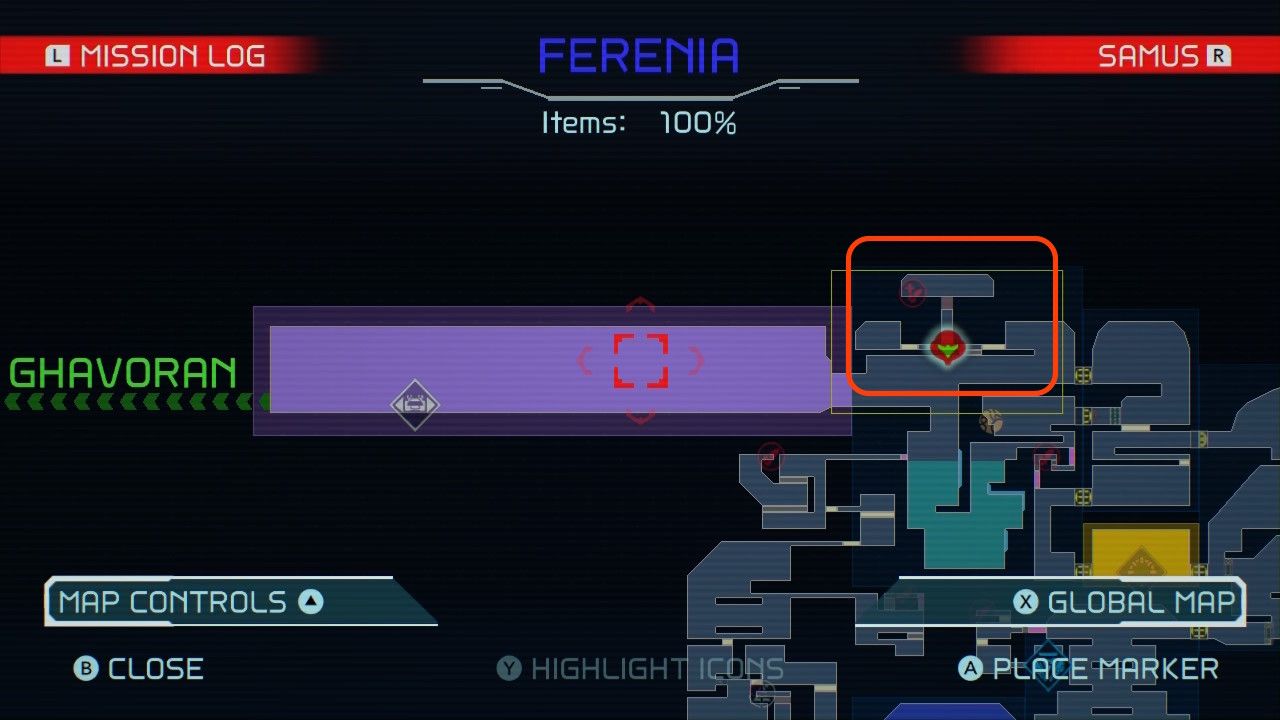 Map of a hidden area in Ferenia in Metroid Dread