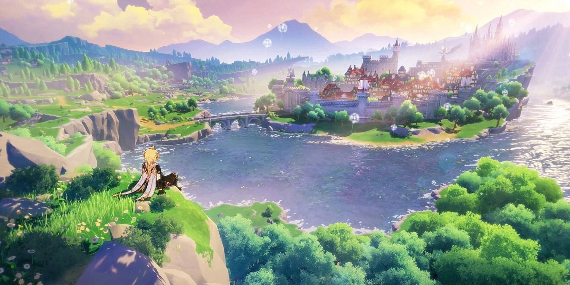 The protagonist looking over the city of Mondstadt in Genshin Impact.