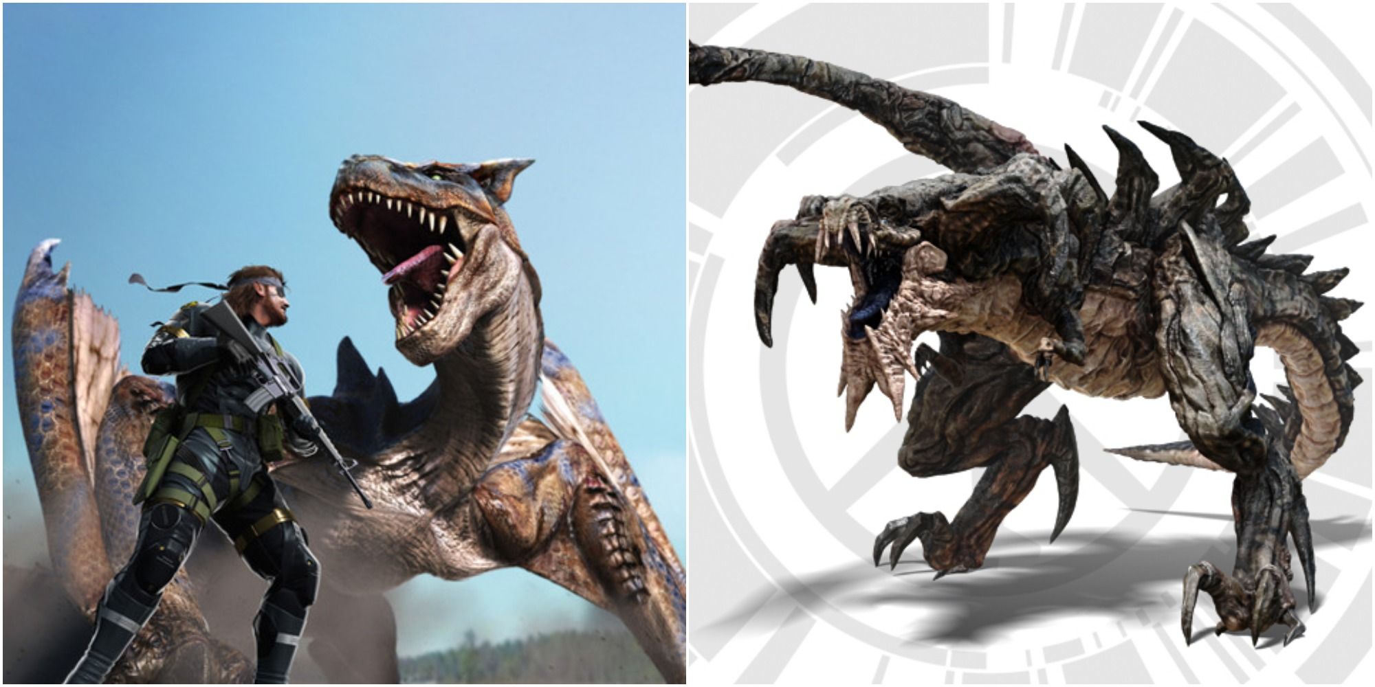 Snake standing while a Tigrex roars behind him and a render of the unique Gear REX monster, left to right