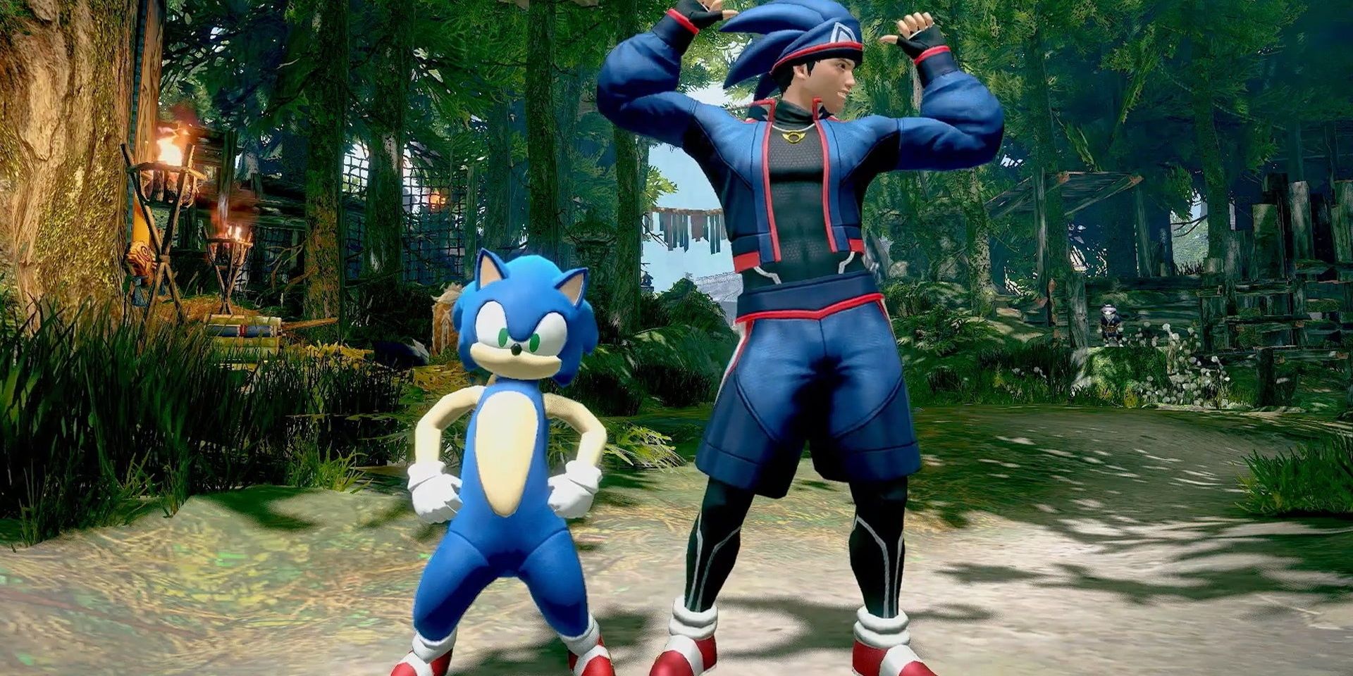 A Palico wearing a full Sonic costume and a hunter wearing a Sonic tracksuit while flexing, left to right
