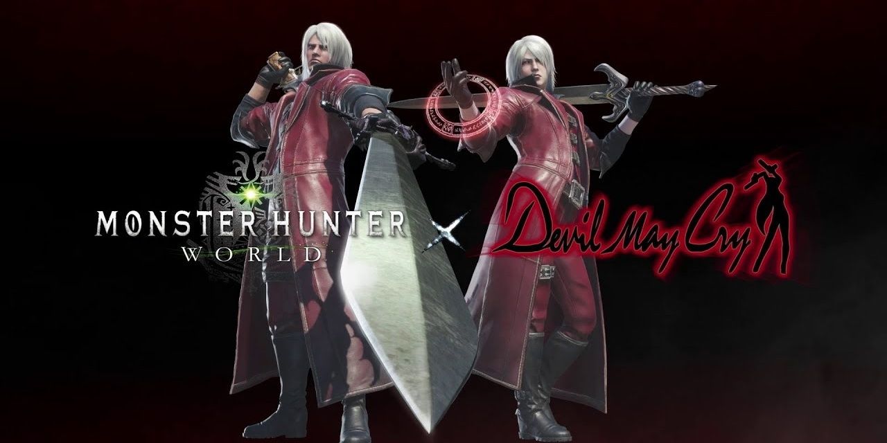 Dante's outfit on two hunters wielding his sword with the game logos in the center