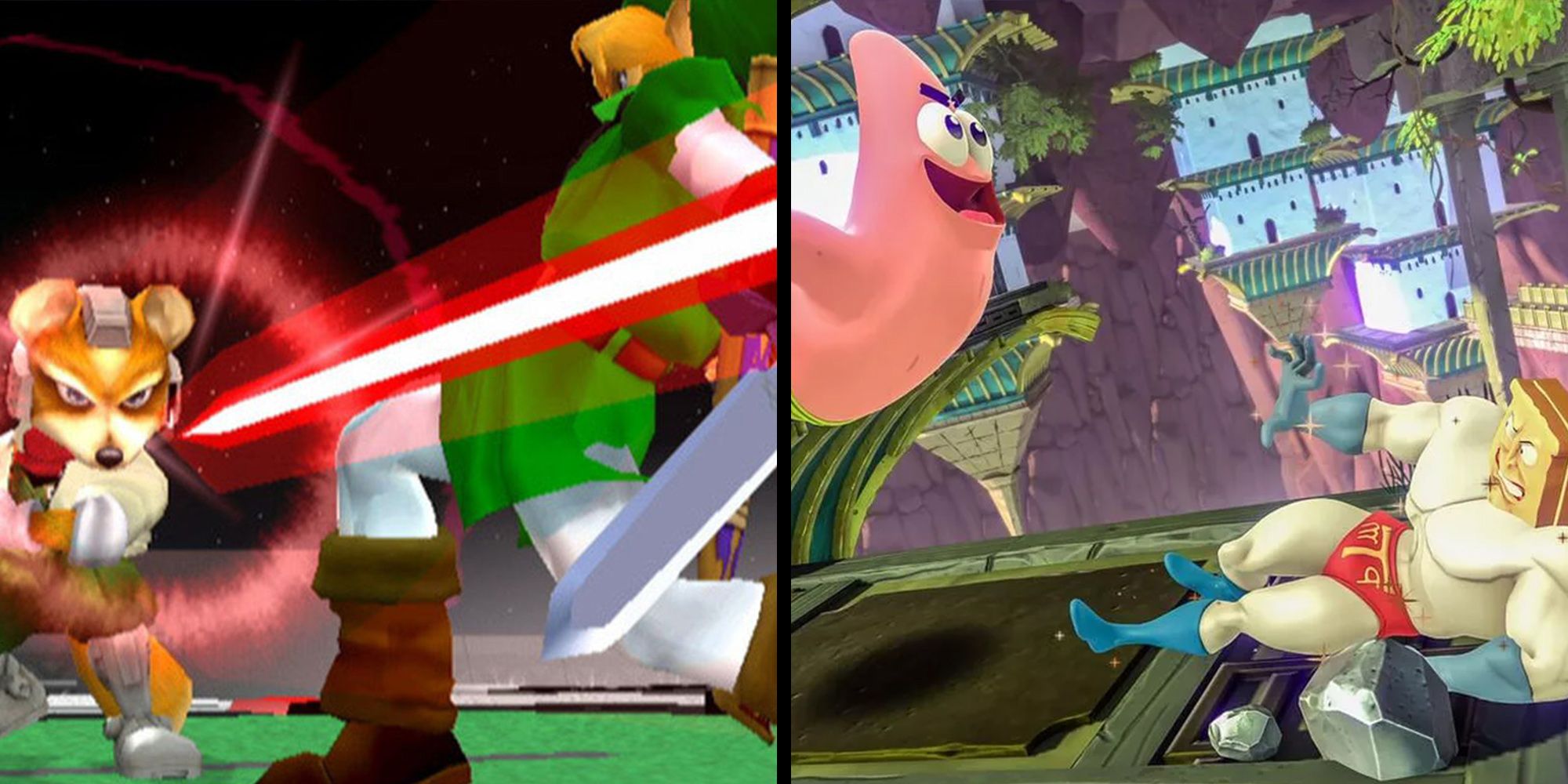 Nickelodeon All Star Brawl - Fox Fighting Link In Smash Compared To Powdered Toast Man Fighting Patrick In All-Star Brawl