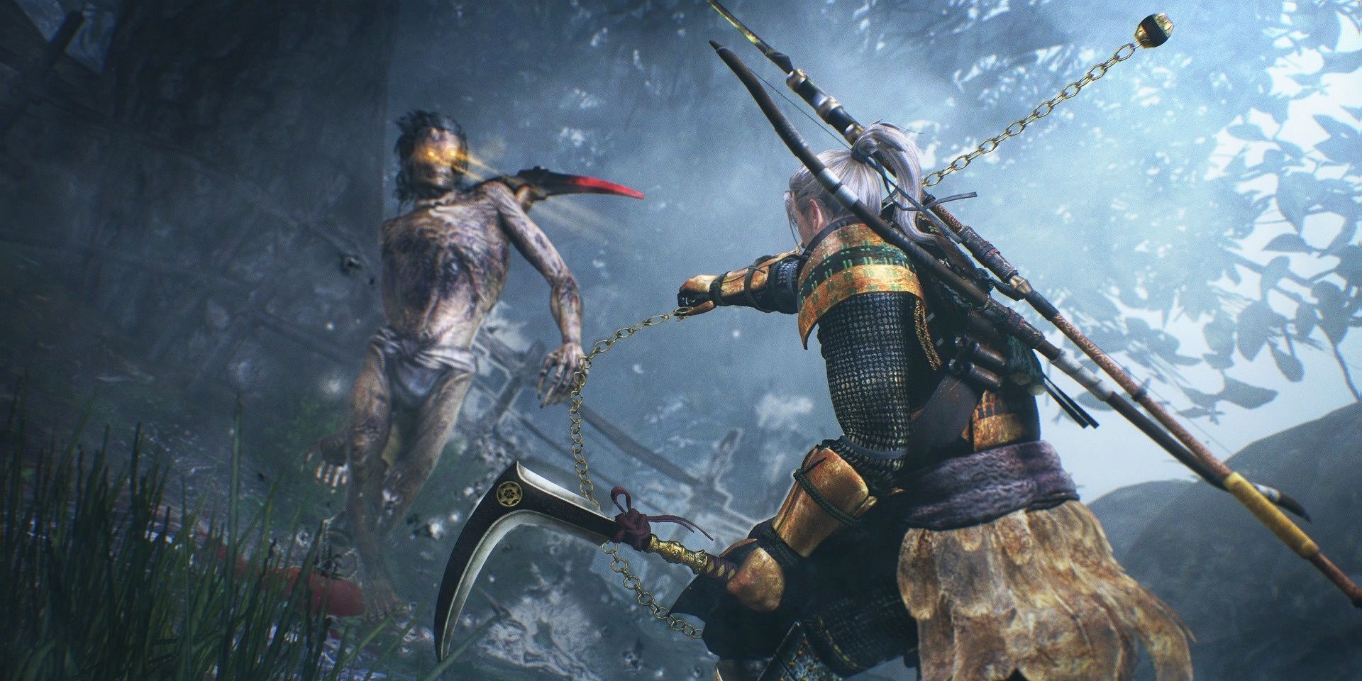 William attacking a Dweller with a kusarigama while holding a spear on his back