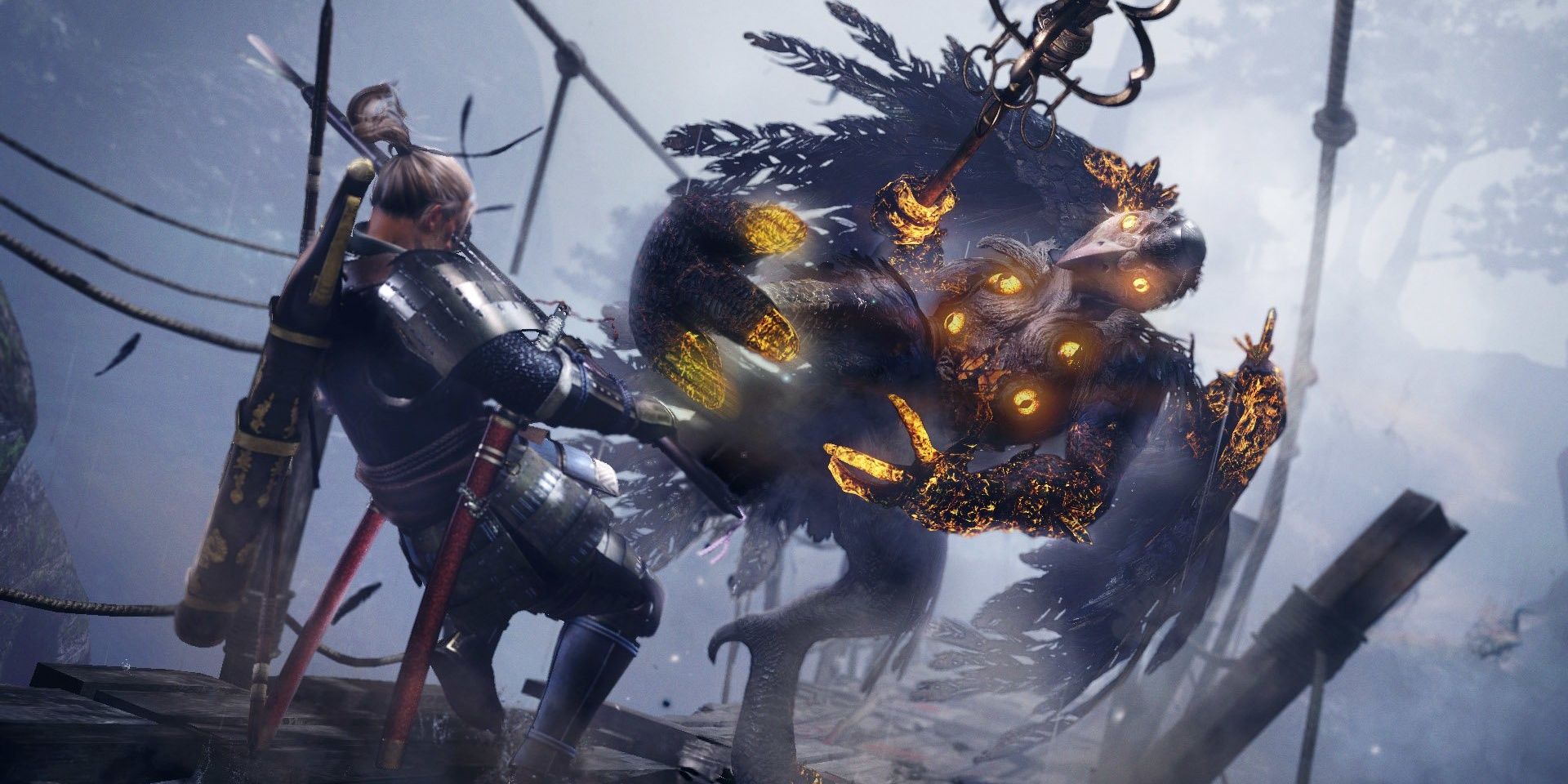 William blocking a Tengu's attack on a bridge