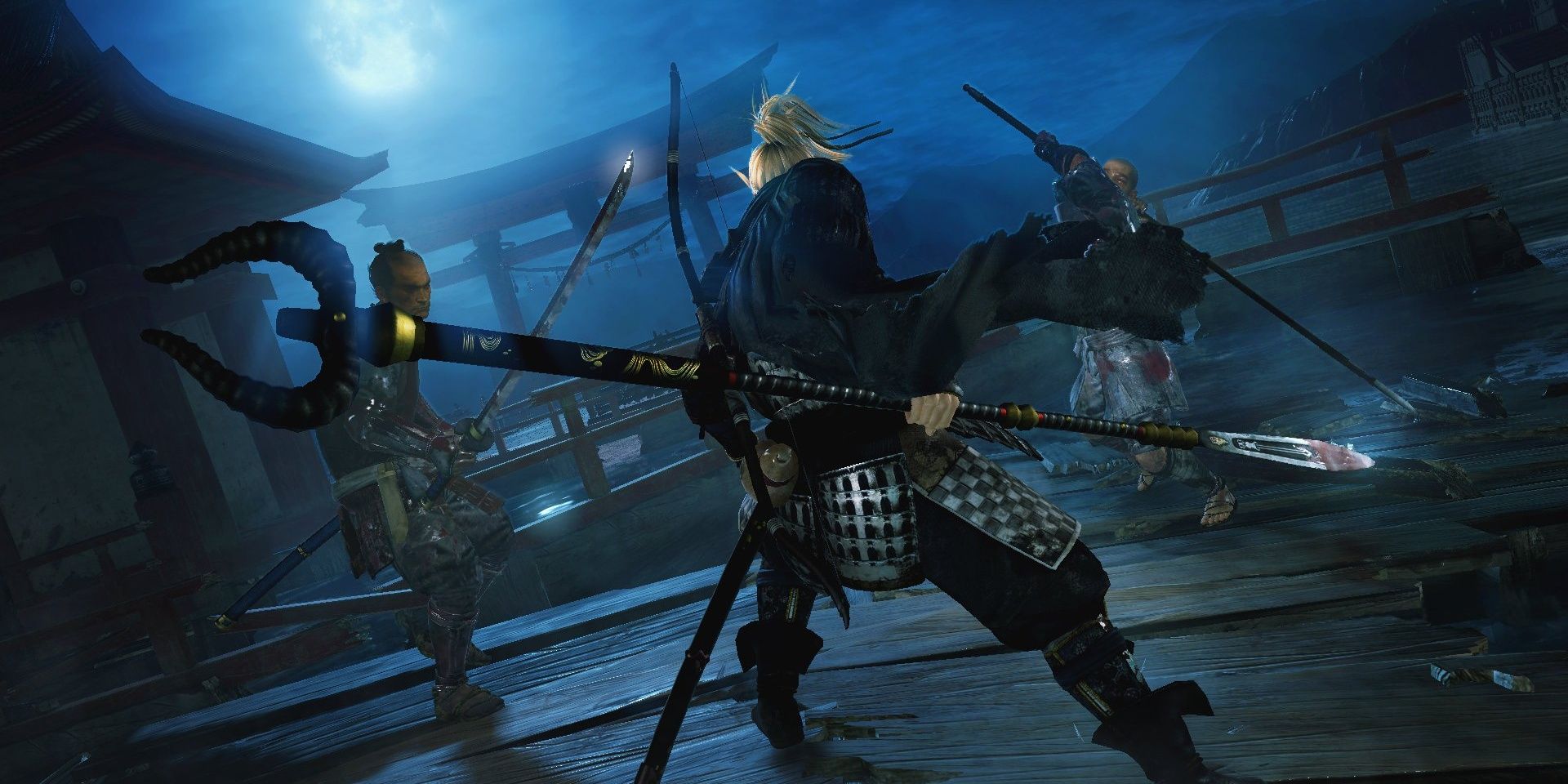 William standing with a low stance spear while two enemies are about to attack him
