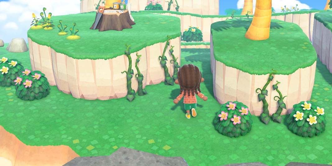 animal crossing new horizons villager on island tour with plumeria bushes