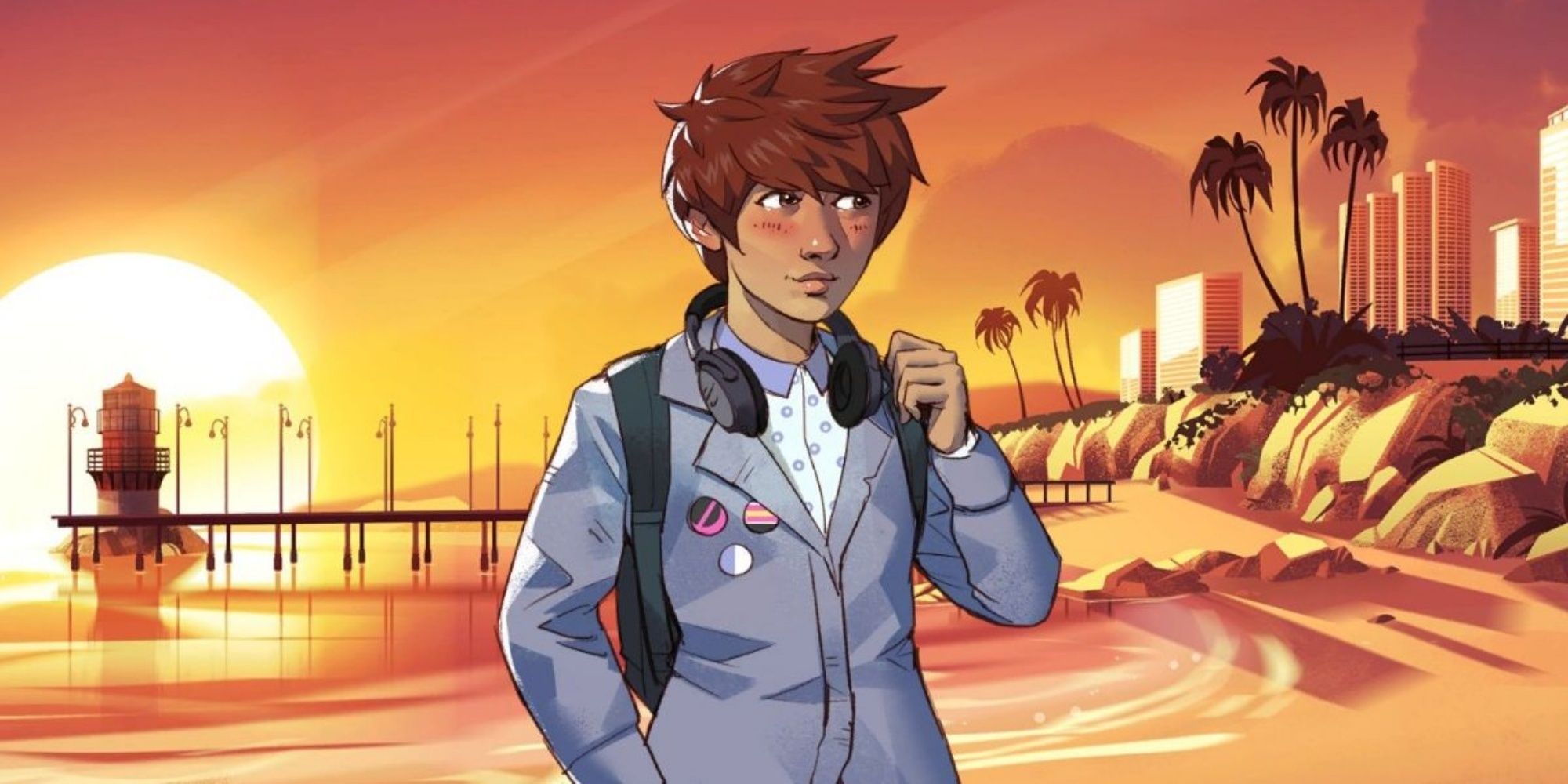Sawyer on your final date on the beach in Boyfriend Dungeon