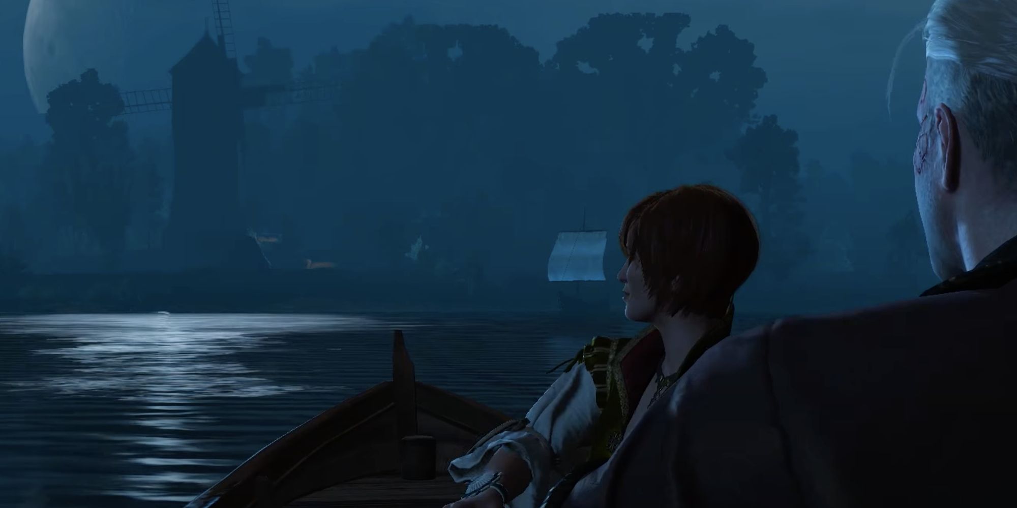 The Witcher 3 Hearts of Stone Shani points out the moon's reflection from boat