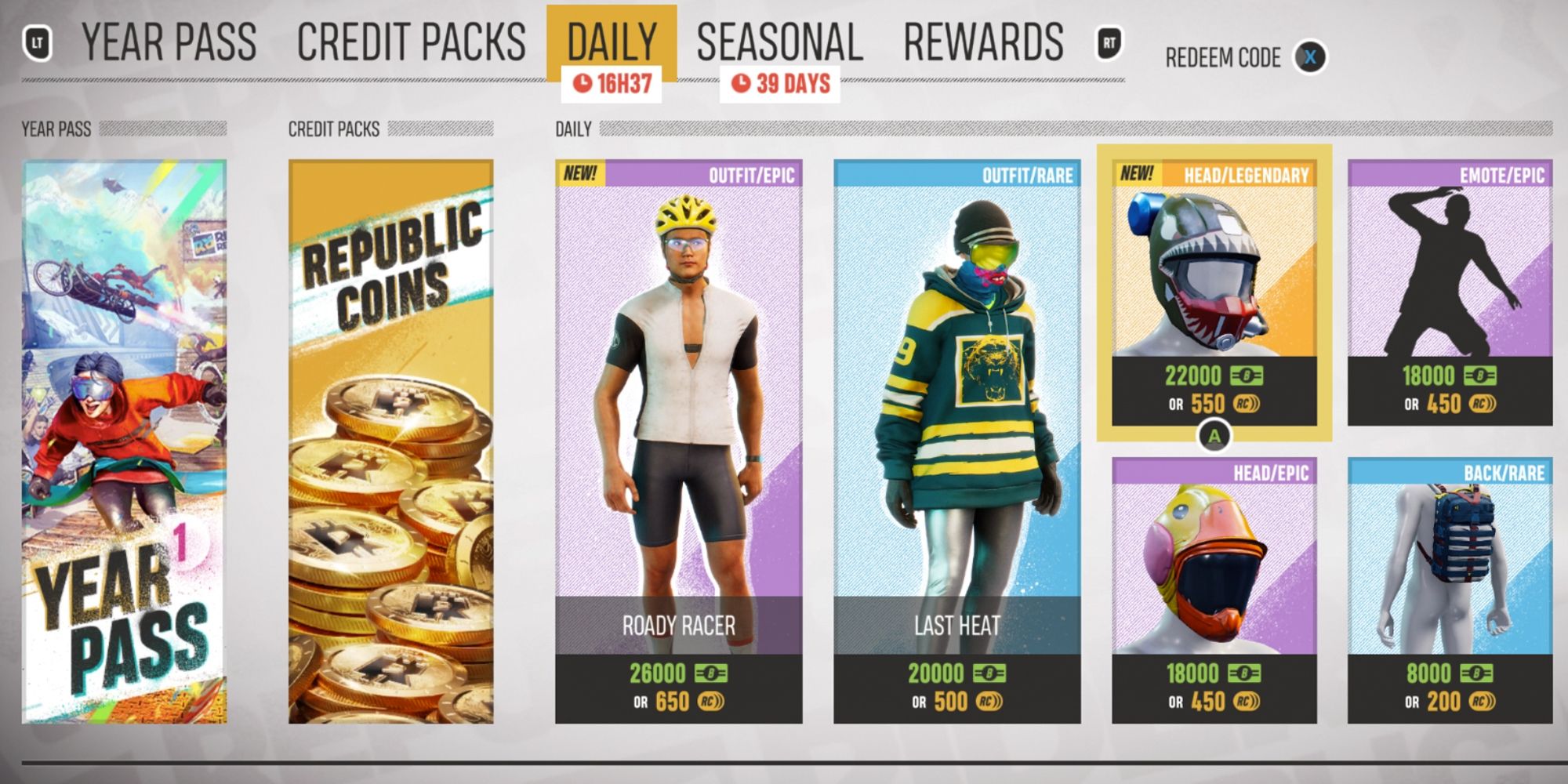 Riders Republic. In-game store page, showing new outfits and gear to buy.