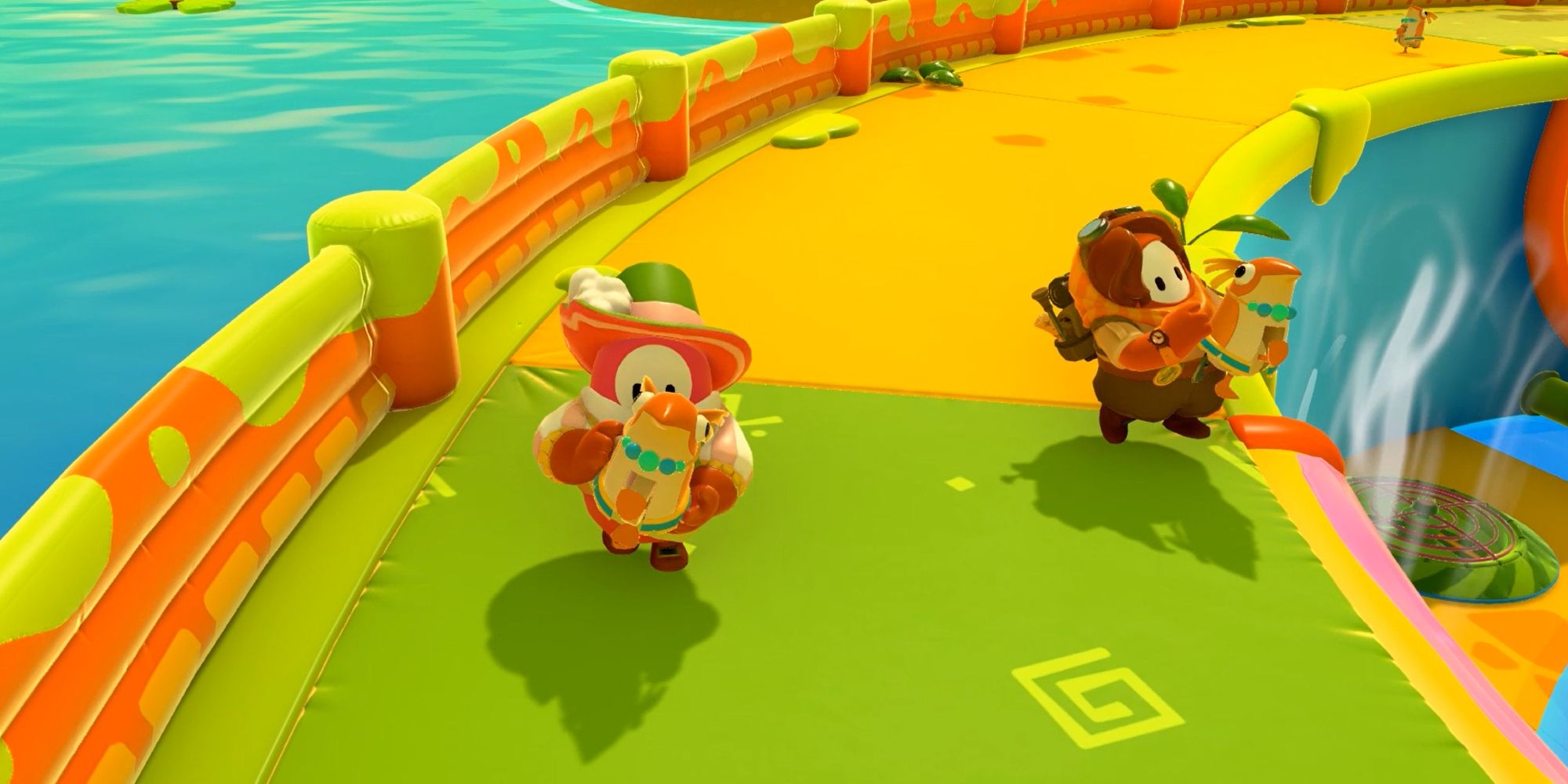 Solo Battle Royales a mid shot of two characters from Fall Guys: Ultimate Knockout running along a green path carrying a creature in their arms