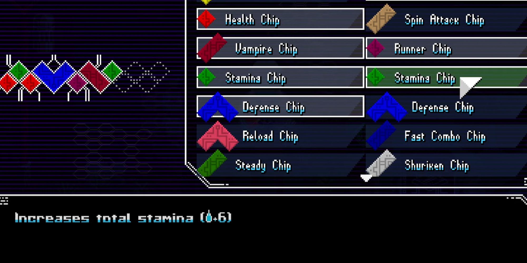 Unsighted selection screen showing different chips. stamina chip.