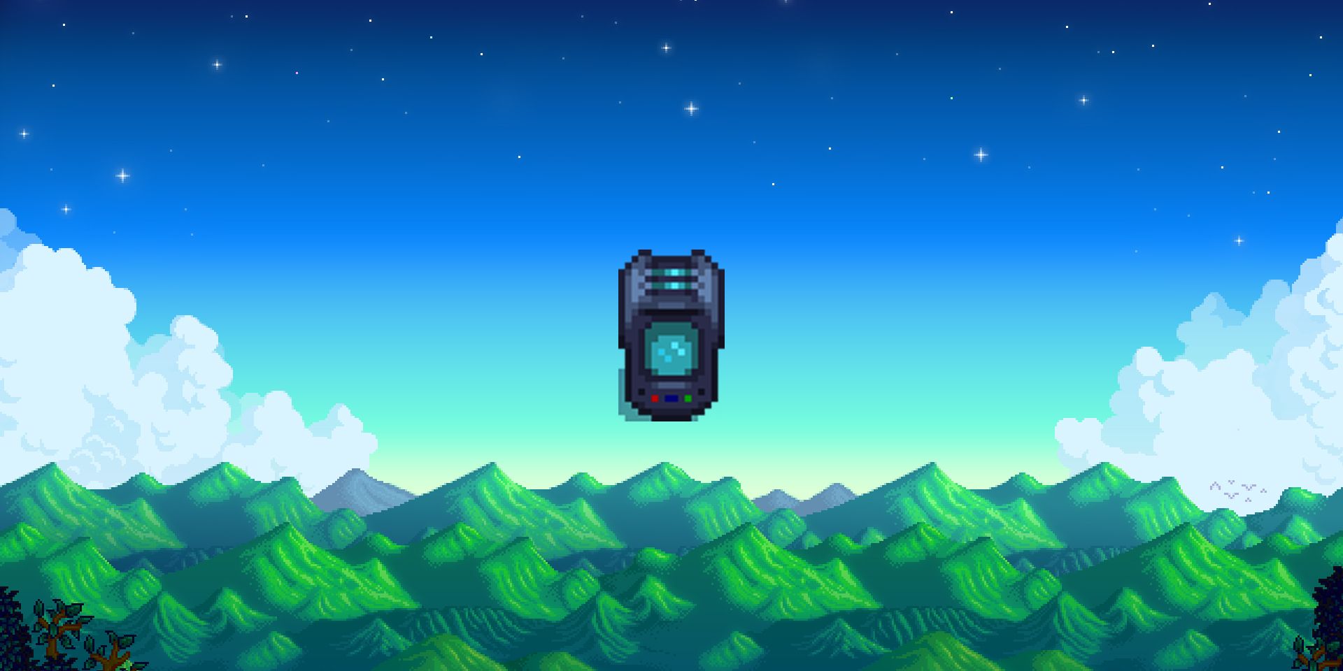 Stardew Valley Crystalarium on pixel mountain background