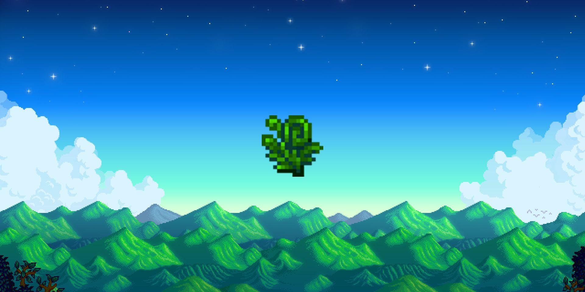 Stardew Valley Fiddlehead Fern on pixel mountain background