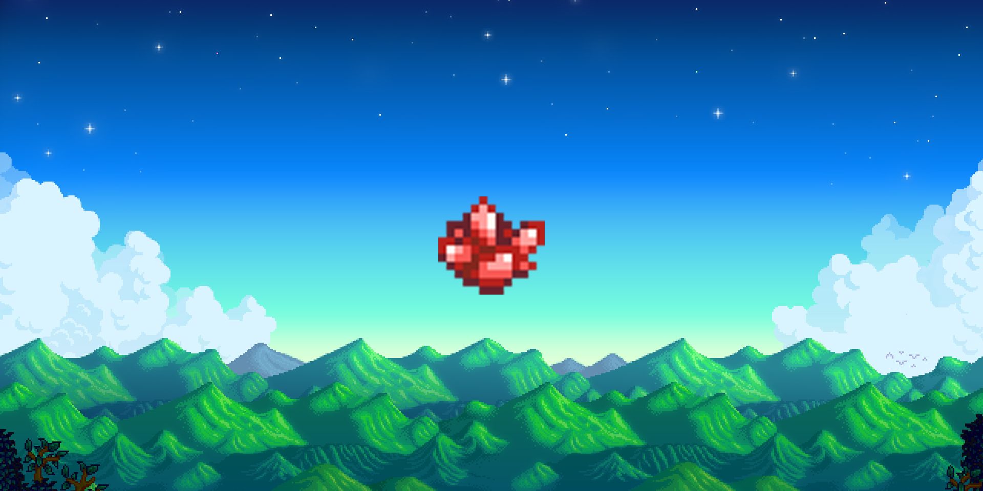 Stardew Valley Fire Quartz on pixel mountain background
