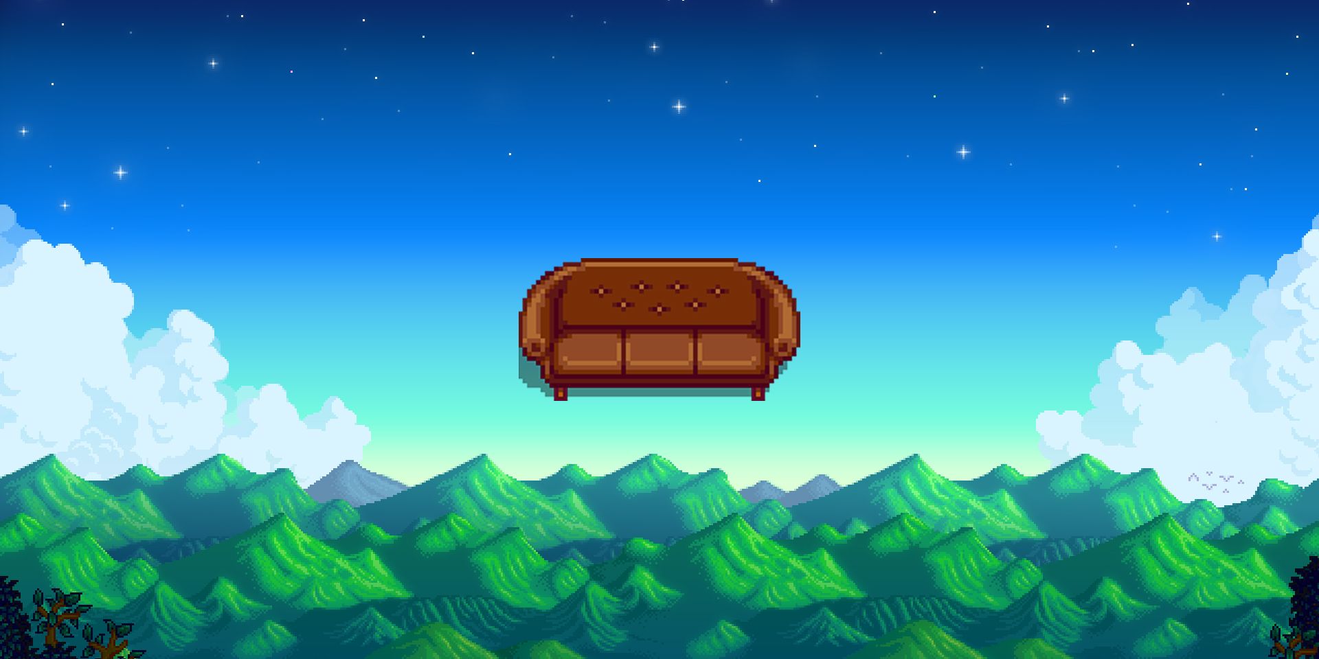 Stardew Valley Large Brown Couch on pixel mountain background