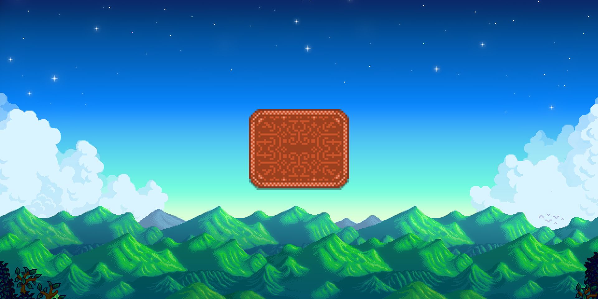 Stardew Valley Large Cottage Rug on pixel mountain background
