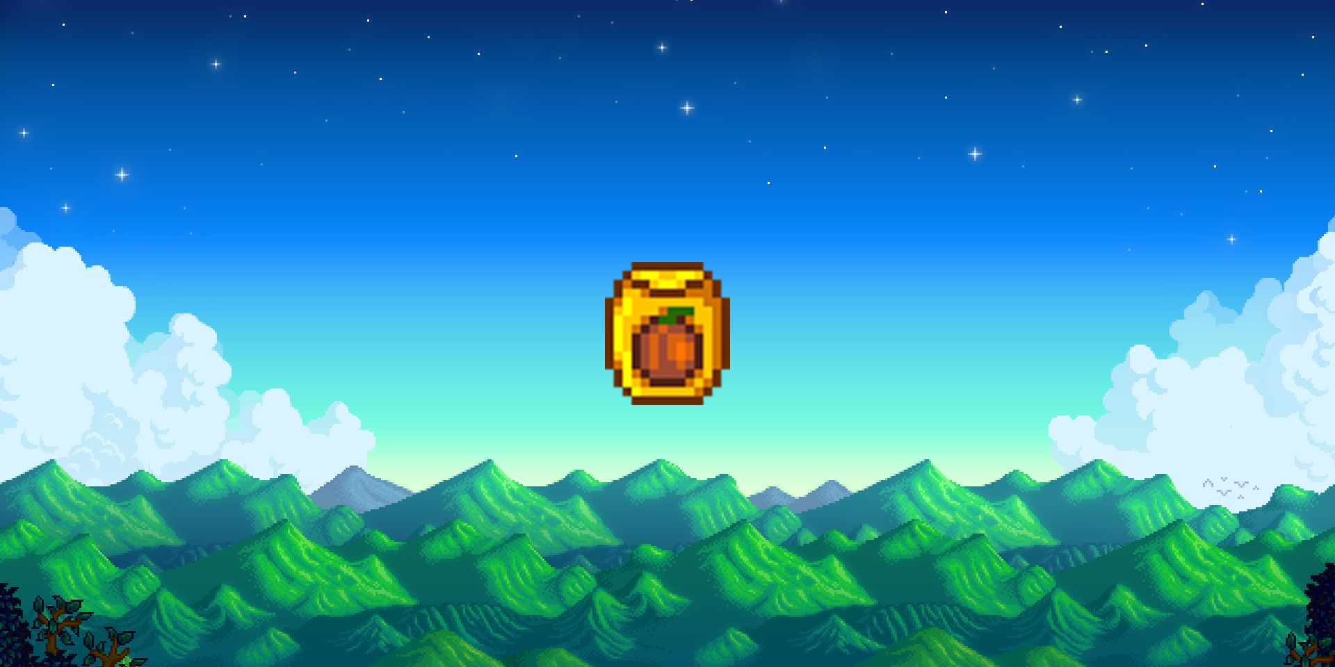 Stardew Valley Pumpkin Seeds with pixel mountain background