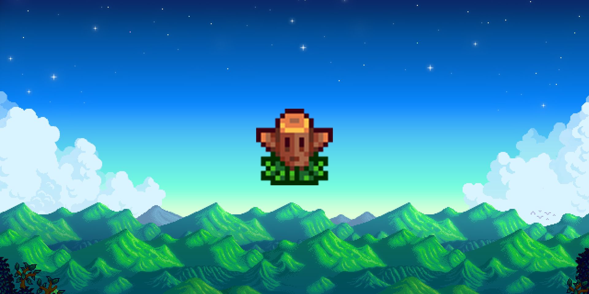 Stardew Valley Warp Totem Farm on pixel mountain background