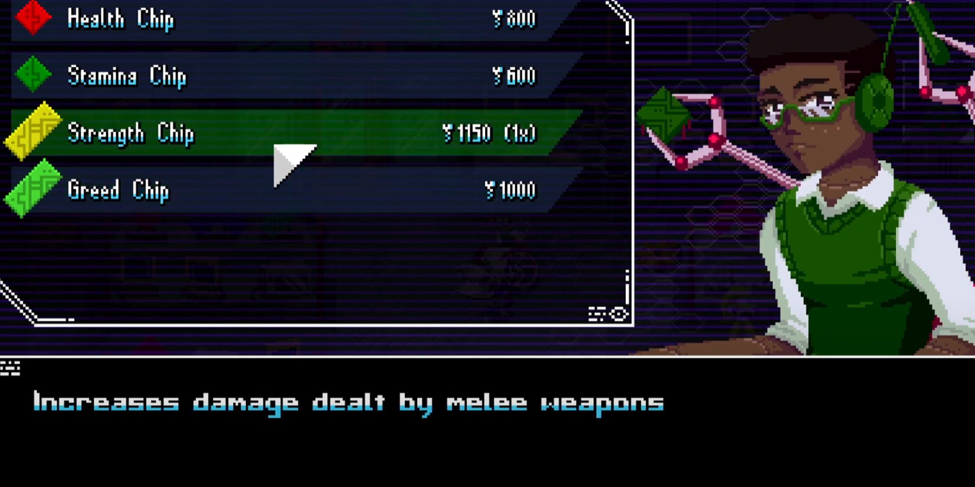 Unsighted store screen. health, stamina, strength and greed chip.