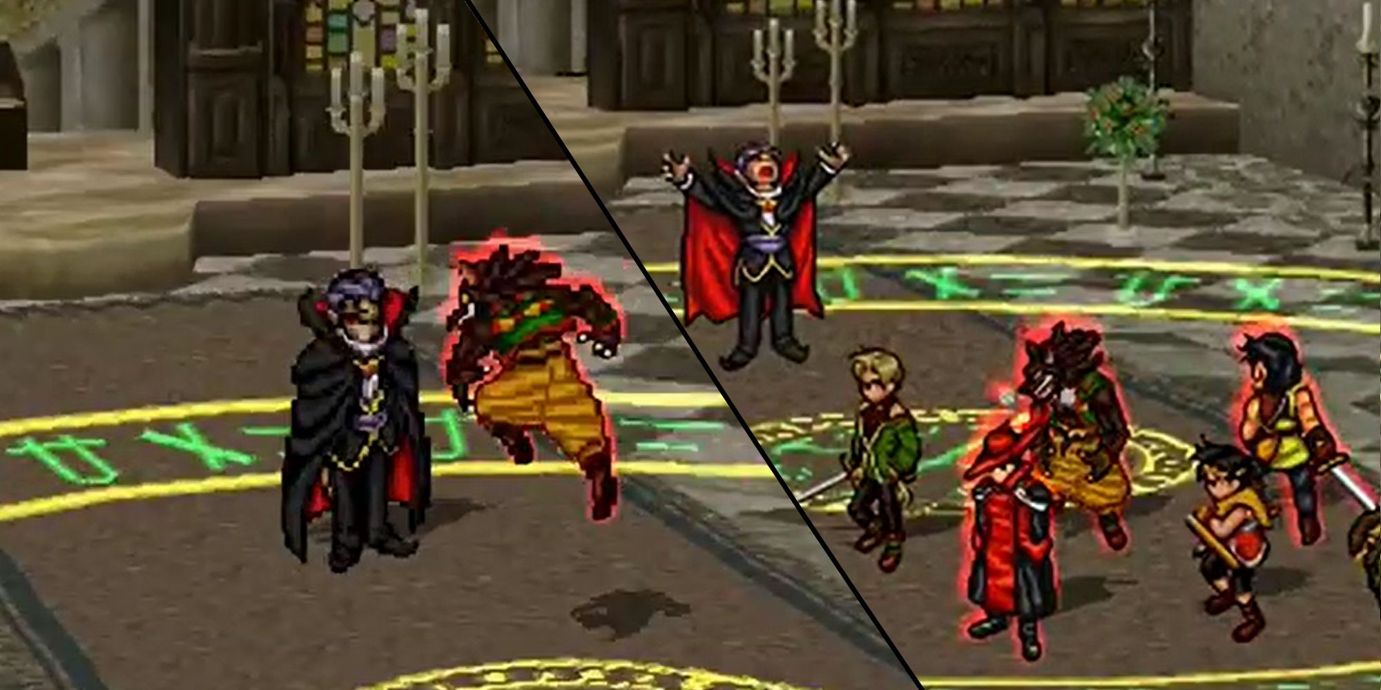 Split image of Bob from Suikoden 2 attacking Neclord and standing in formation