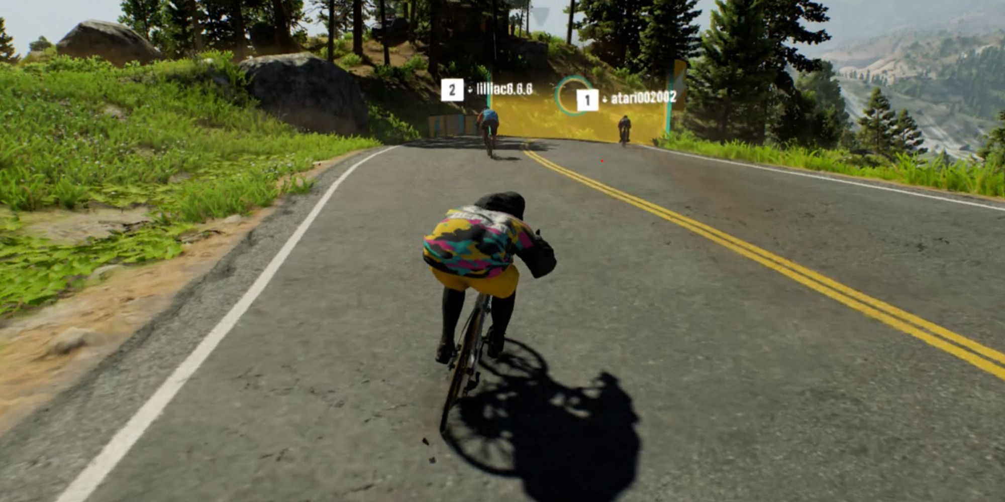 Riders Republic. Bike riding on a road with grass at both sides.