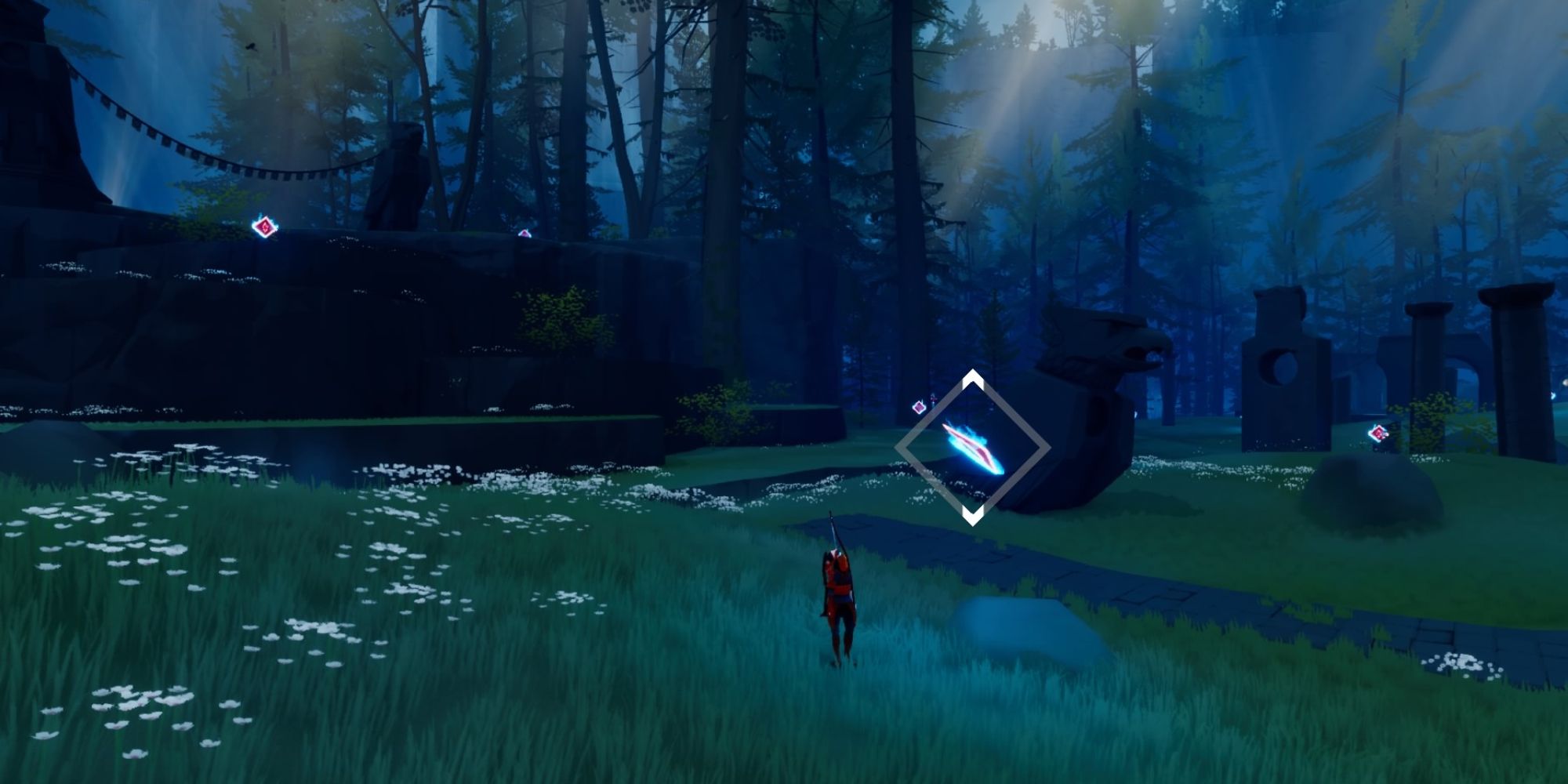 The Pathless a wide shot of the Hunter stood in an open field next to a floating diamond shaped talisman with ruins and trees in the distance 