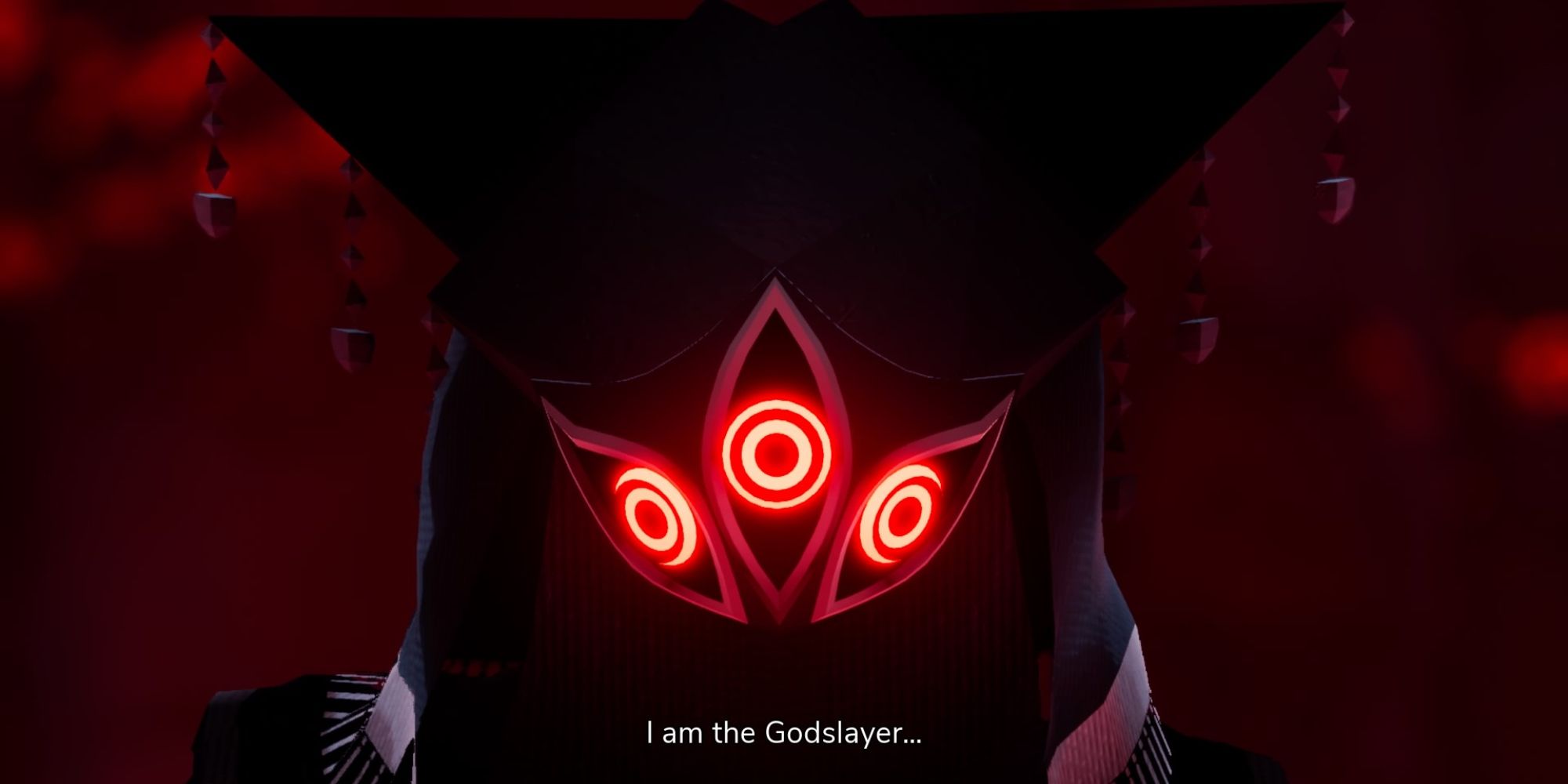 The Pathless an extreme close up of the Godslayer looking menacingly toward the camera with his subtitles at the bottom of the screen 