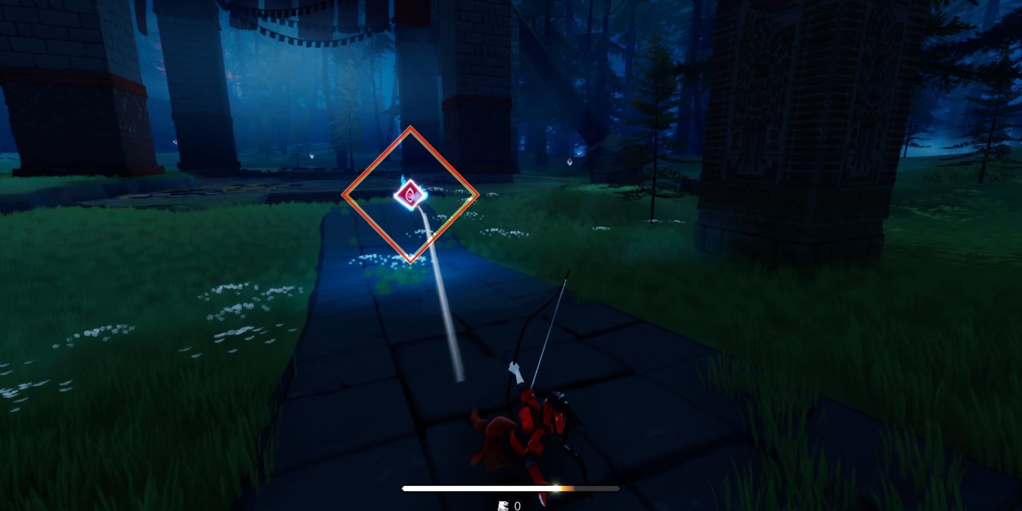 The Pathless a wide shot of the Hunter dashing through a forest aiming her bow at a diamond-shaped symbol in front of her with a giant stone gate in the distance