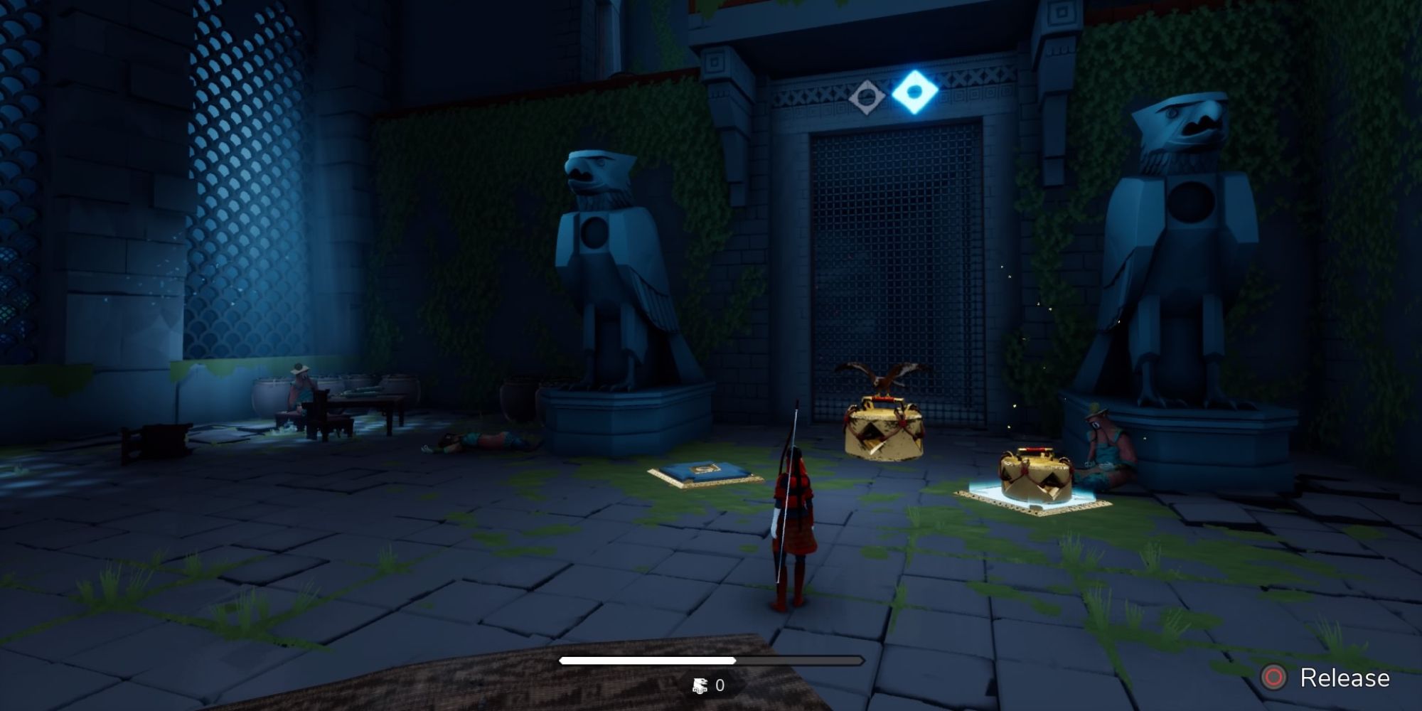The Pathless a wide shot of the Hunter and the eagle inside of a ruin with the eagle carrying a heavy box towards a pressure plate in the middle of the room