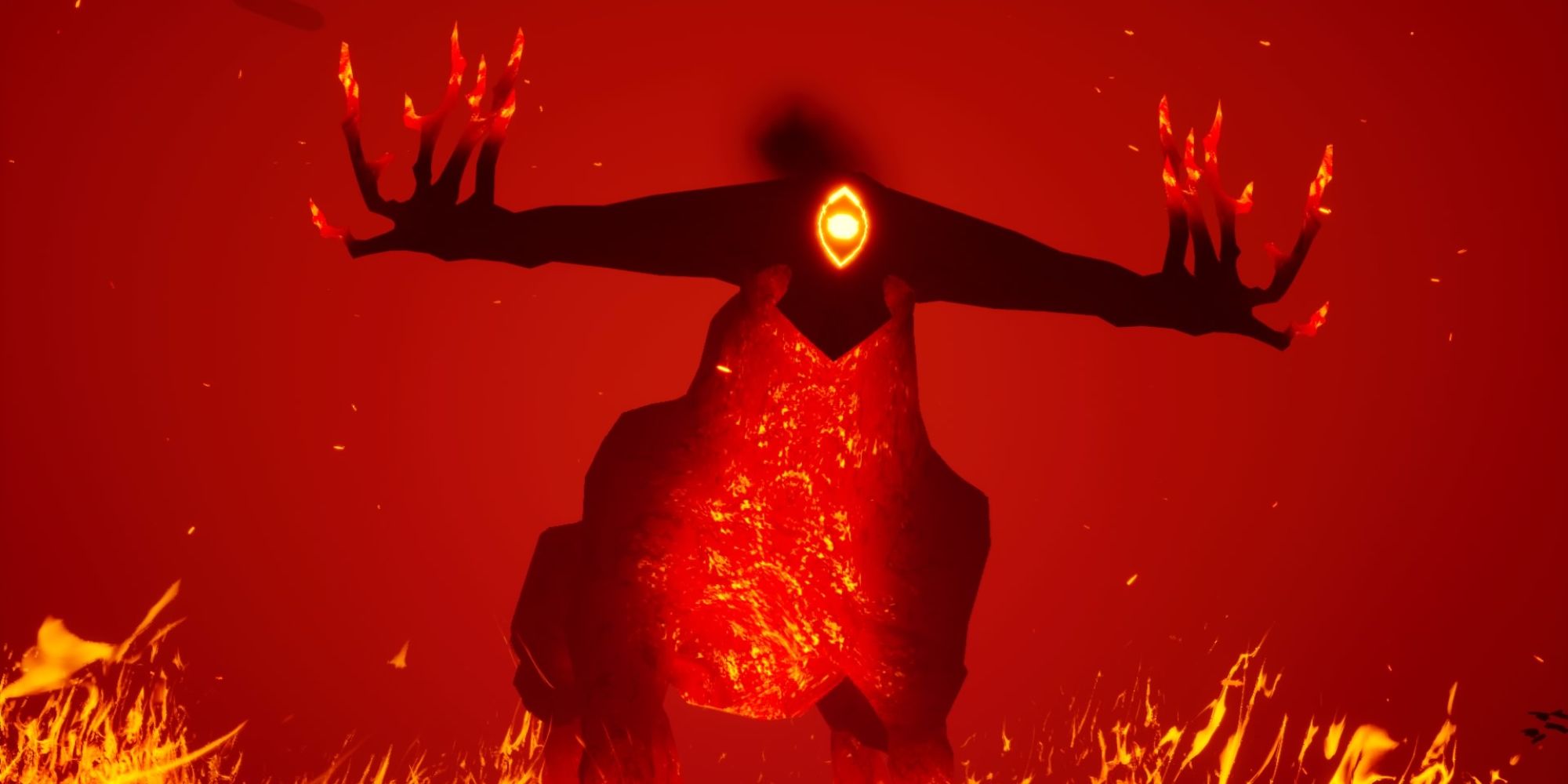 The Pathless a close up cinematic shot of a Tall One deer-like God surrounded by flames against a smoky red background 
