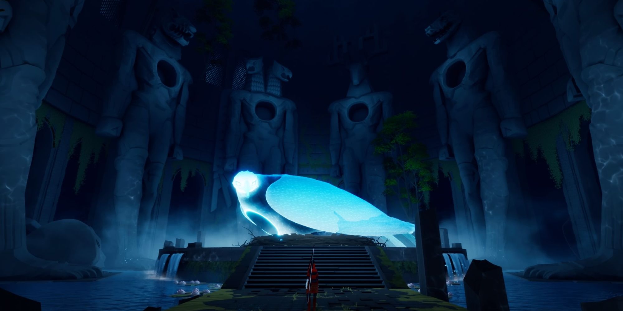 The Pathless a wide shot of the Hunter stood in front of the glowing Eagle Mother with towering stone figures looming in the distance