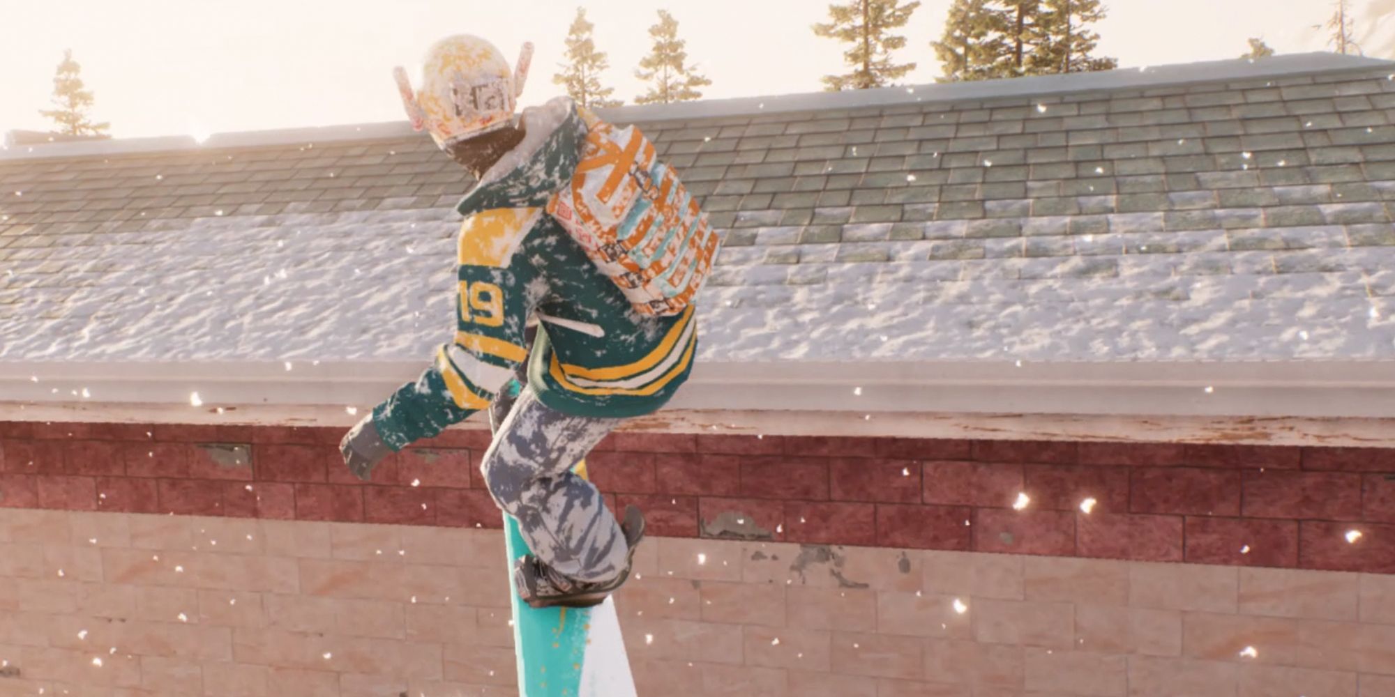 Riders Republic. Character riding a snowboard. Snowing outside.