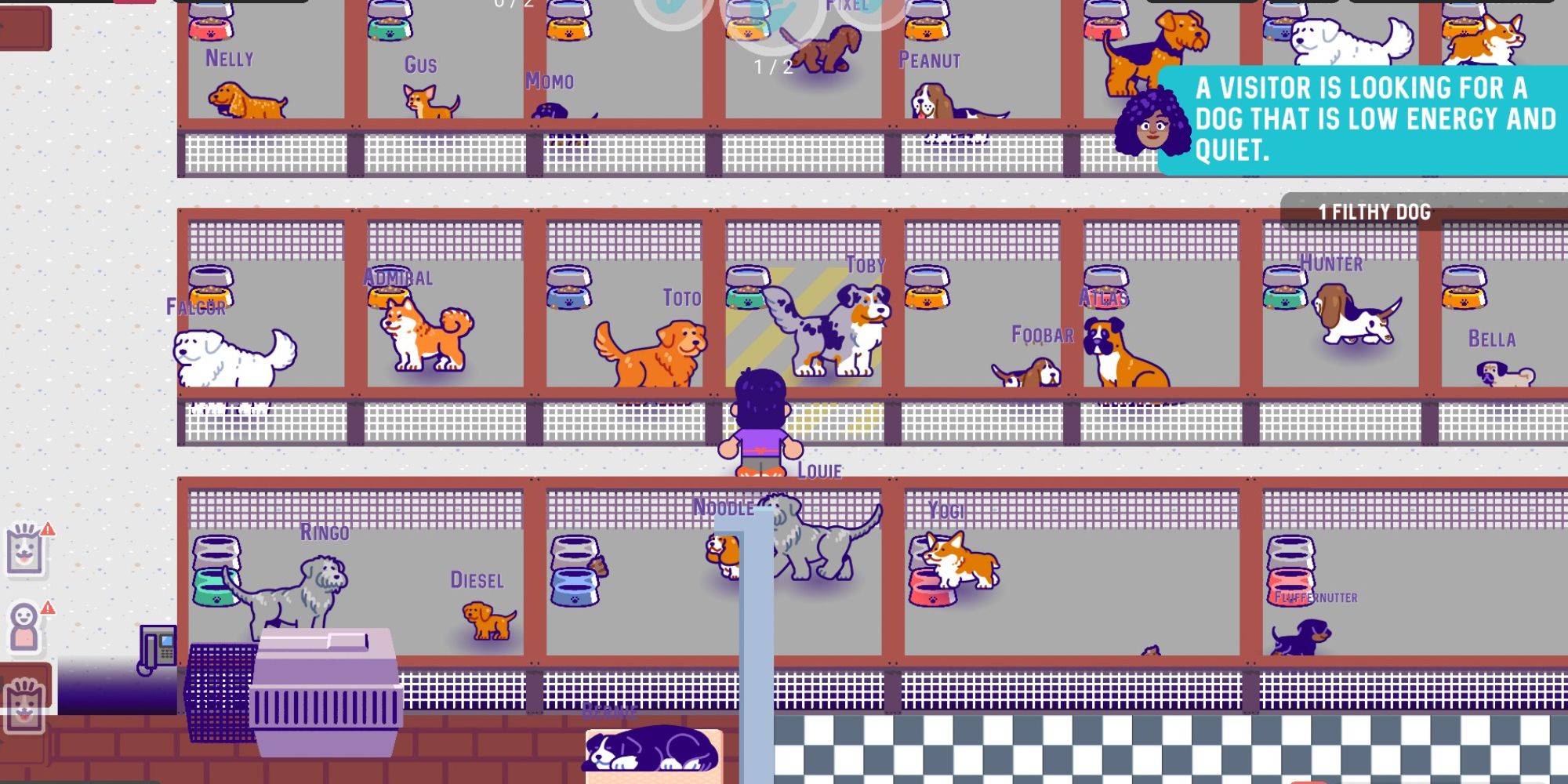 To The Rescue! a wide isometric shot of a man stood in front of numerous dog cages with a plethora of dogs running around within them and a notification in the top right indicating a visitor wants to adopt a dog