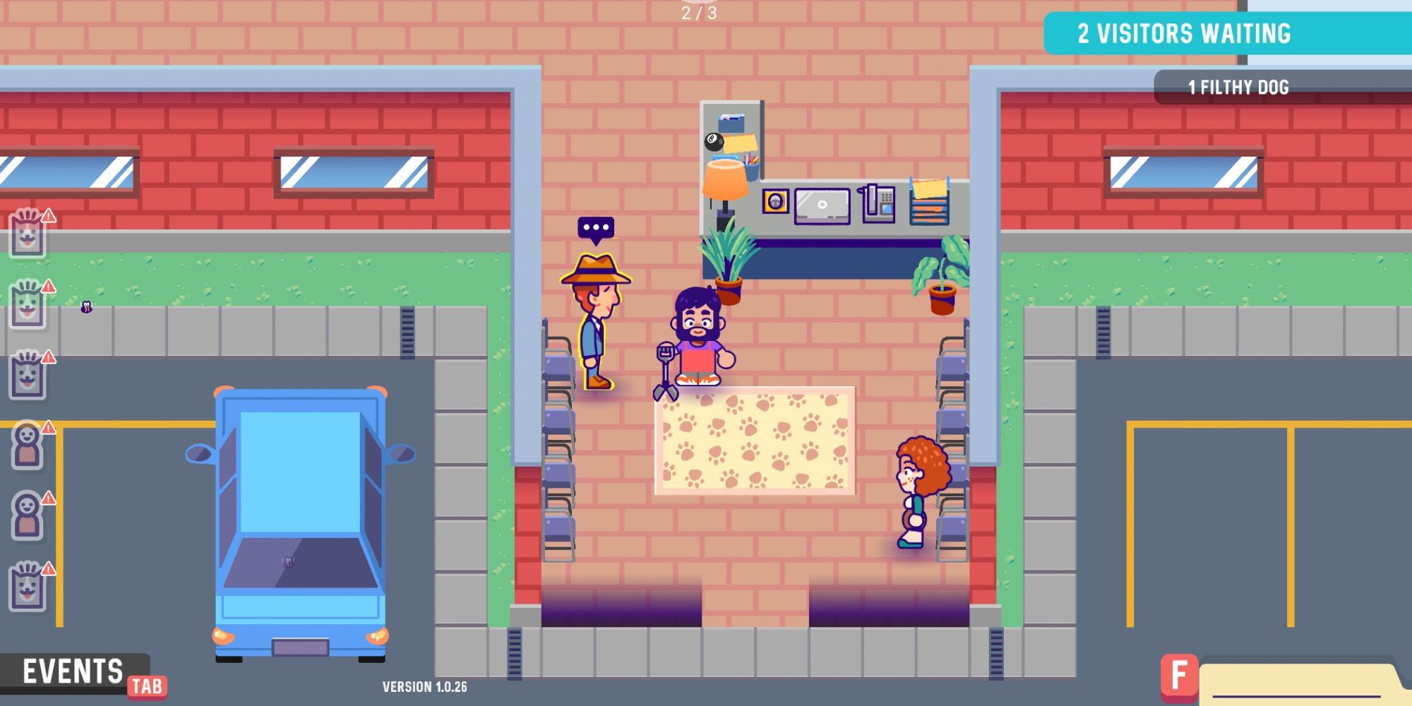 To The Rescue! a wide isometric shot of a man stood in the lobby of the shelter next to two visitors who are waiting with a speech bubble above the one on the left